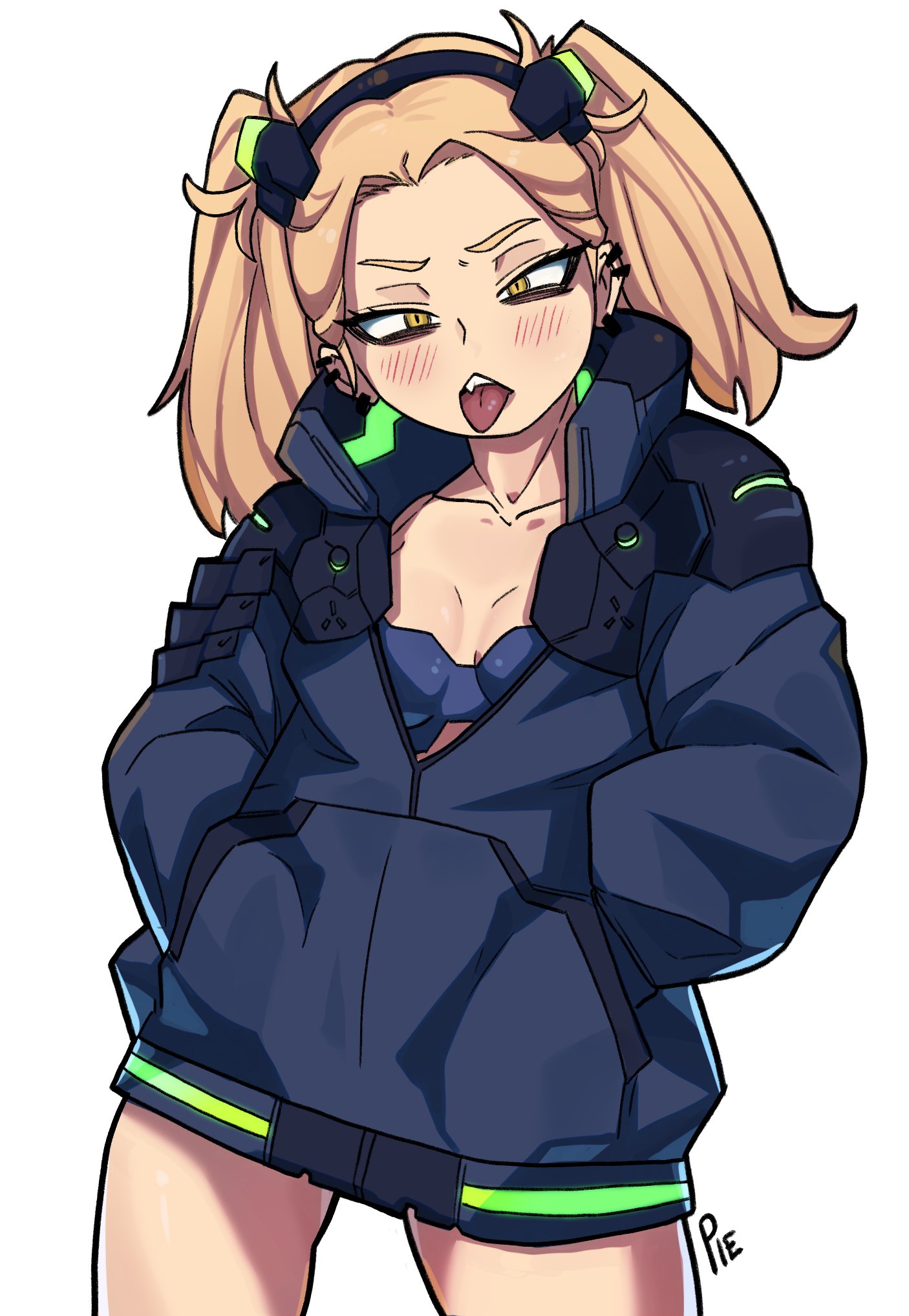 1girls, alternate costume, blonde hair, blush, cd projekt red, cosplay, cyberpunk 2077, cyberpunk: edgerunners, female, himiko toga, looking at viewer, medium hair, my hero academia, pietheunusual, rebecca (edgerunners) (cosplay), small mouth, small nose, studio trigger, tongue, tongue out, twintails