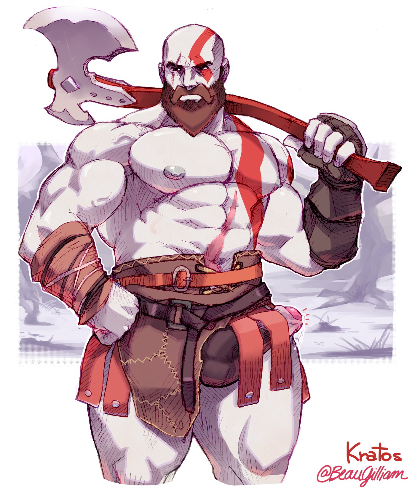 axe, balls, bara, beard, beaugilliam, body markings, boner, bulge, erection, erection under clothes, facial hair, gay, god of war, grey skin, kratos, male, male only, muscles, muscular, penis, penis out, precum, solo, solo male, tattoo, yaoi
