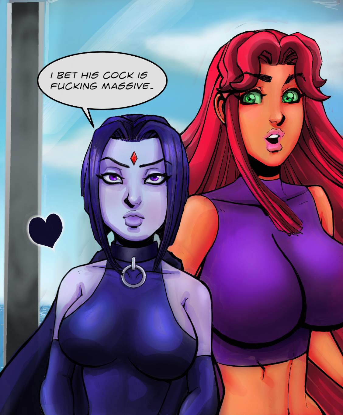 2girls big_breasts collar dc dc_comics english_text female female_only goth multiple_girls purple_hair rachel_roth raven_(dc) redcarpit starfire superheroine teen_titans text