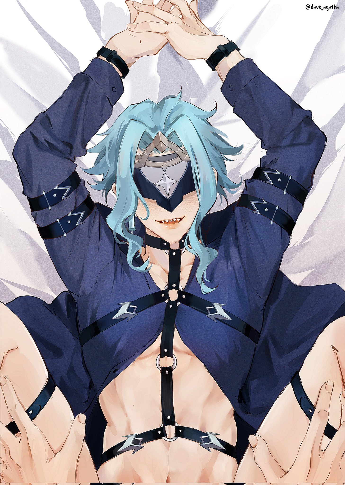 1boy, anonymous character, blush, dottore (genshin impact), eyes covered, genshin impact, legs spread, male, male only, smug, yaoi