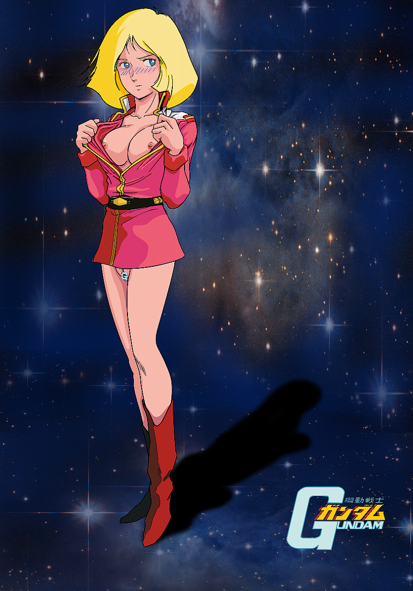 1girls blonde_hair blue_eyes blush blush_lines censored earth_federation edit exposed_breasts female female_only gundam light_skin military_uniform mobile_suit_gundam nipples outer_space partially_clothed red_boots sayla_mass shadow solo space tokutoku