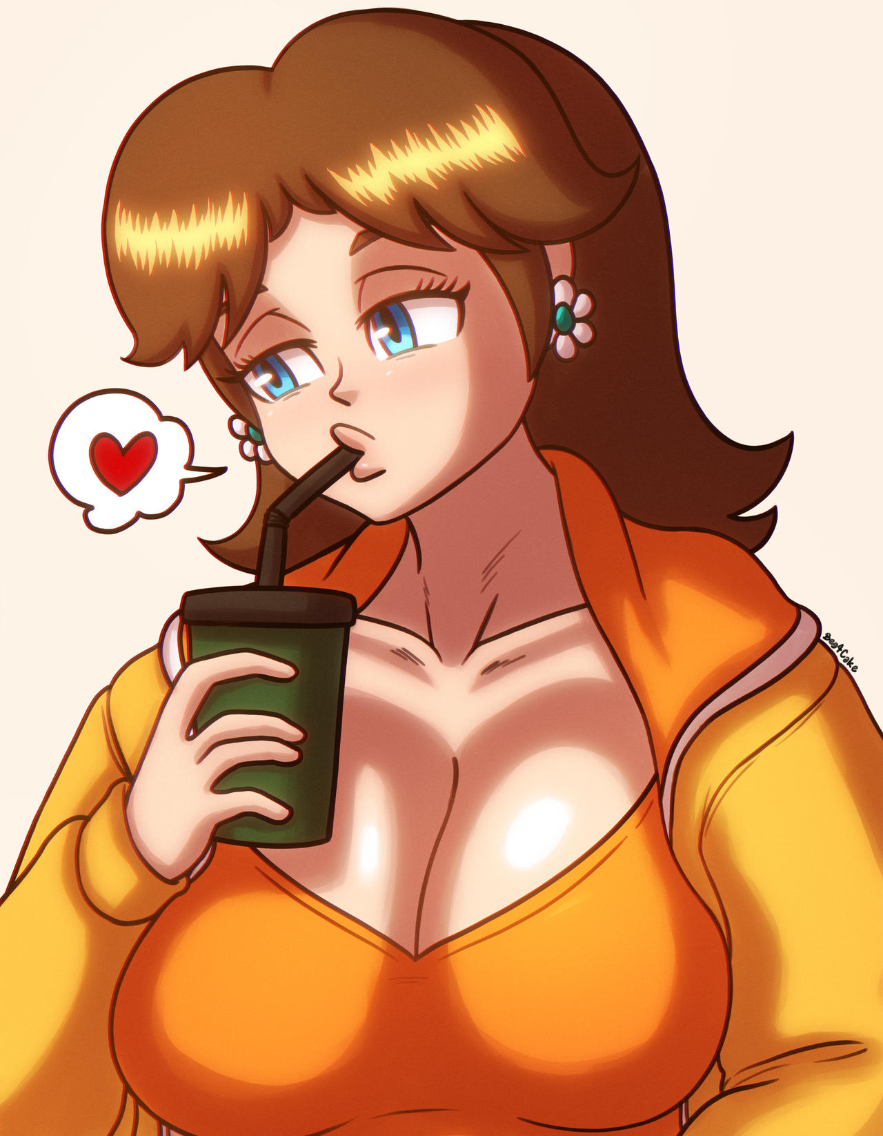 1girls 2022 beg4cake big_breasts blue_eyes breasts brown_hair clothed clothing earrings eyelashes female heart jacket looking_away mario_(series) nintendo orange_clothing princess_daisy shiny_breasts shiny_hair shiny_skin short_hair soda soda_bottle straw