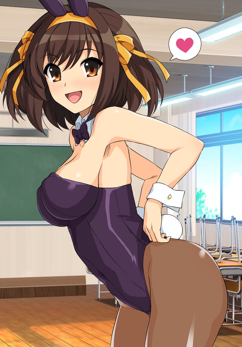 ass, big ass, big breasts, big butt, breasts, brown eyes, brown hair, bunny ears, bunny girl, bunny tail, bunnysuit, classroom, clothing, daytime, female, hands behind back, happy, happy female, haruhisky, heart, large breasts, school, suzumiya haruhi, suzumiya haruhi no yuuutsu, thin waist