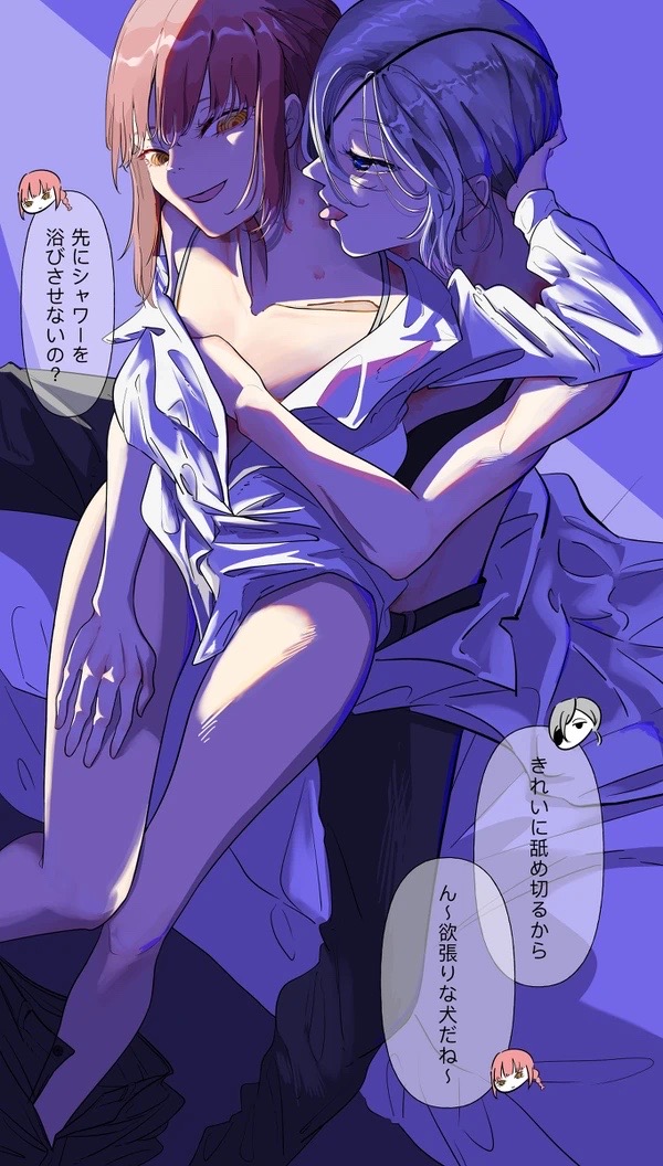 2girls, braided hair, chainsaw man, dress shirt, eyepatch, female, female only, groping, hickey, hickey marks, imminent sex, licking neck, makima (chainsaw man), multiple females, multiple girls, partially clothed, quanxi (chainsaw man), red eyes, silver hair, sitting on bed, unbuttoned shirt, yuri