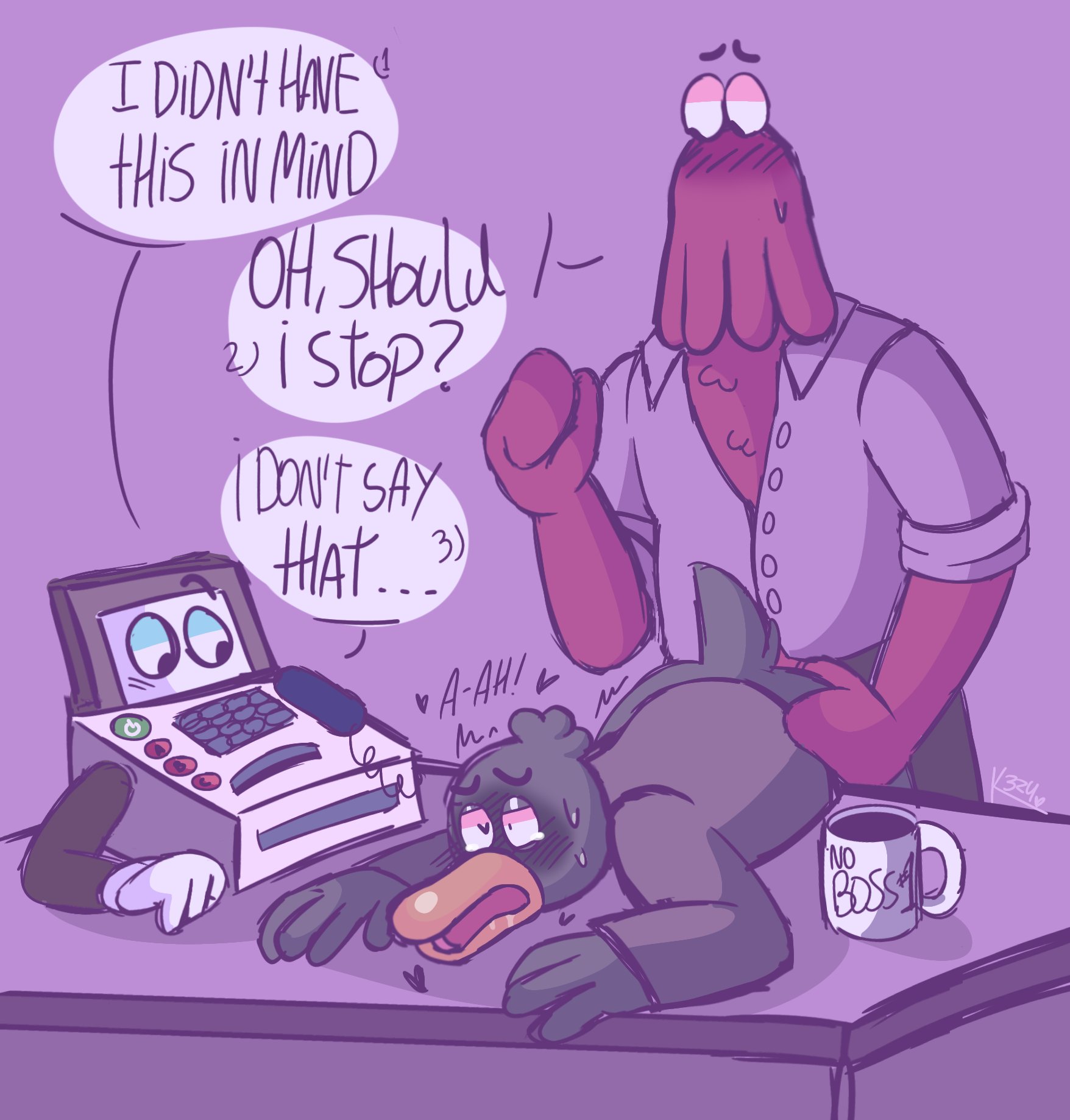 anal, avian, bird, comic, comic page, dialogue, dont hug me im scared, duck guy (dhmis), fax machine (dhmis), gay, gay sex, kennyweona, male, male focus, male/male, red guy (dhmis), speech bubble, yaoi