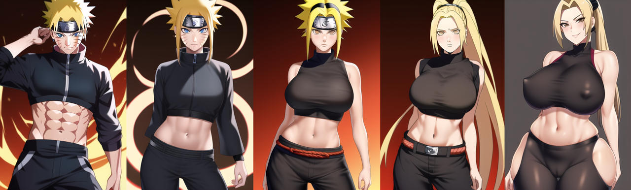 ai generated, ass, breasts, female, gender transformation, huge ass, huge breasts, identity death, mtf transformation, nai diffusion, naruto, naruto (series), rule 63, stable diffusion, thick thighs, transformation, transformation sequence, tsunade, uzumaki naruto, wide hips