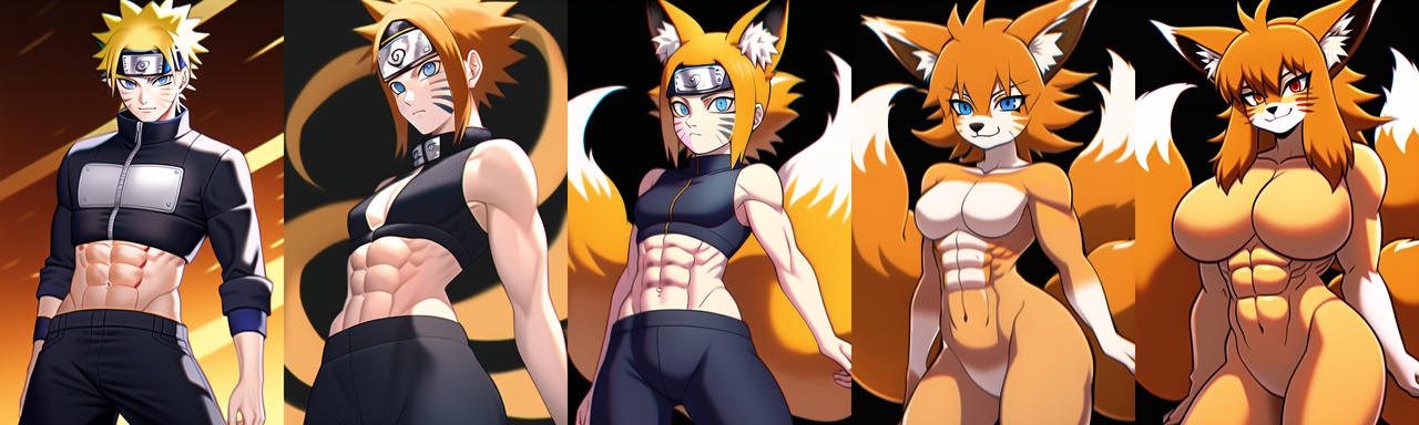 abs, ai generated, ass, breasts, female, female kurama (naruto), furrification, gender transformation, huge ass, huge breasts, identity death, kurama, mtf transformation, nai diffusion, naruko, naruto, naruto (series), rule 63, stable diffusion, thick thighs, transformation, transformation sequence, uzumaki naruto, wide hips