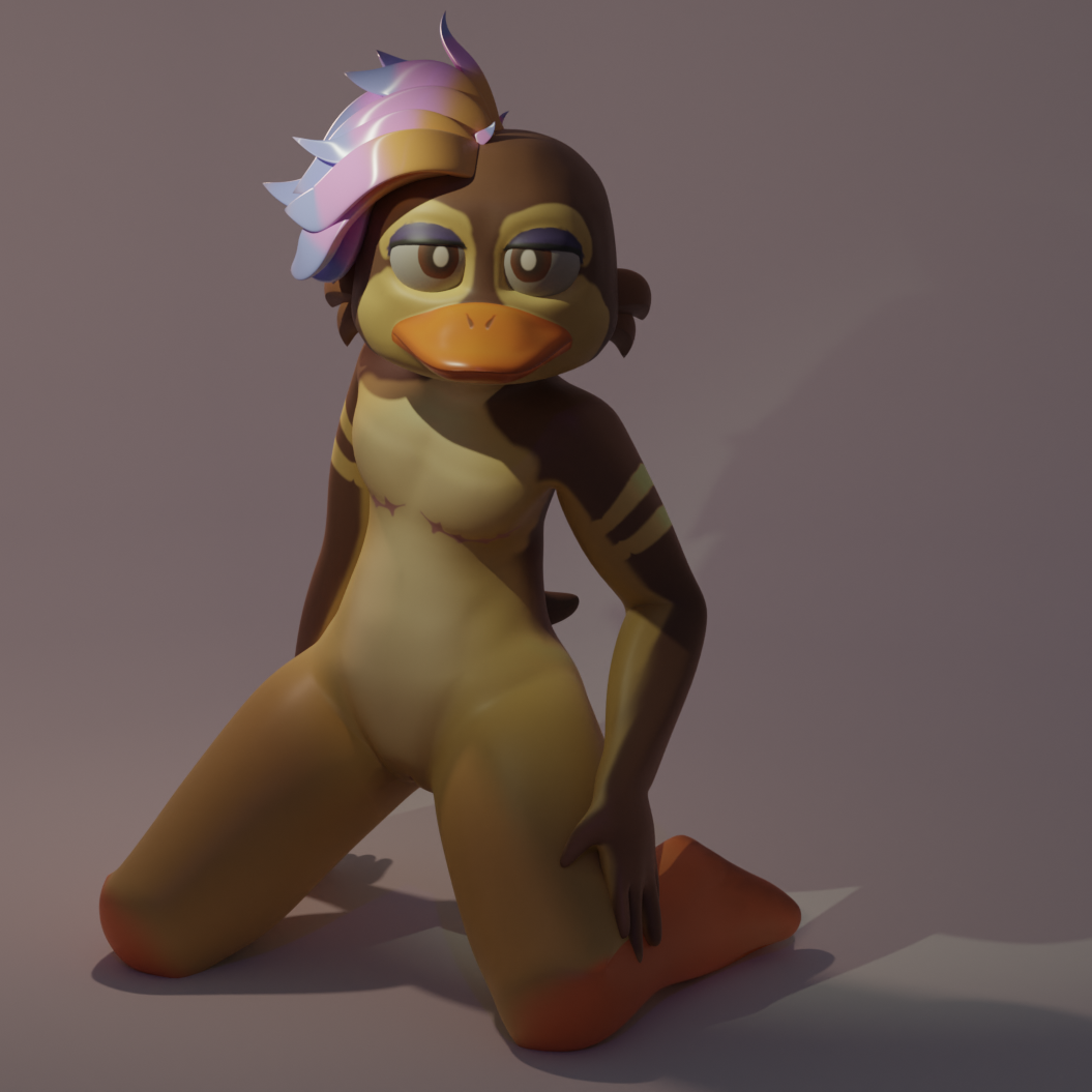 3d anatid andromorph anseriform anthro apollo_goldwater_ii avian bird cuntboy digital_media_(artwork) duck feathers henryart highlights_(coloring) intersex kneeling mastectomy_scar scar solo yellow_body yellow_feathers