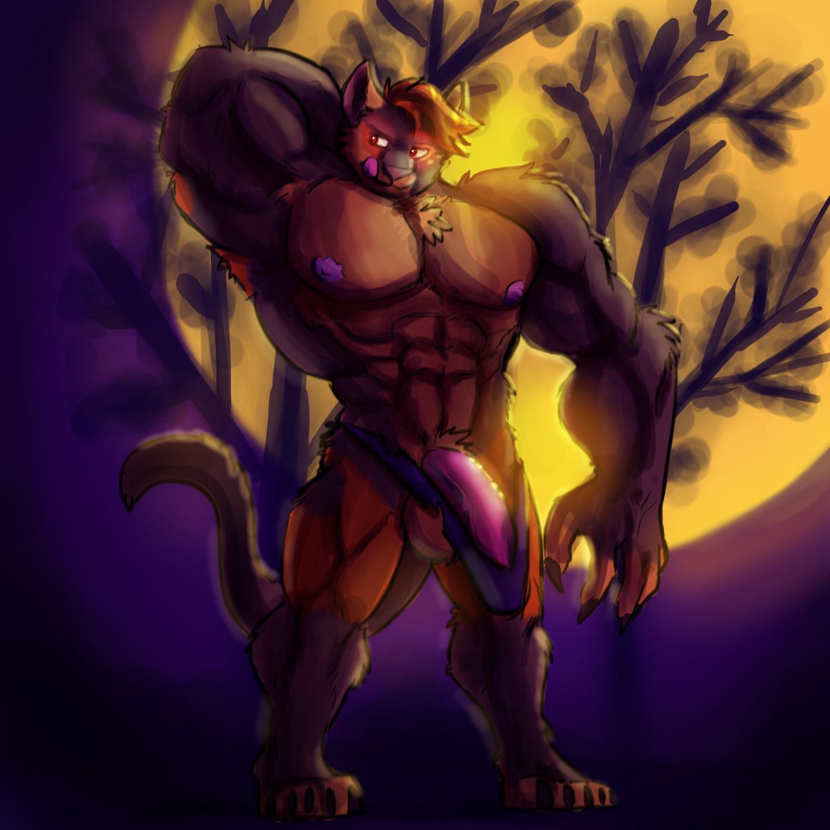 anthro balls barely_contained big_balls big_muscles big_pecs big_penis brown_body brown_fur bulge claws clothing crossroadspony felid feline flexing flexing_bicep full_moon fur genitals glowing glowing_eyes half-erect halloween hawkpelt hi_res holidays huge_balls huge_cock huge_muscles humanoid_genitalia humanoid_penis hyper licking licking_lips looking_pleasured male male_only mammal moon muscular muscular_male night orange_body orange_fur pecs penis raemyshu solo thong tongue tongue_out torn_clothing torn_underwear transformation underwear were werecat werefelid werefeline