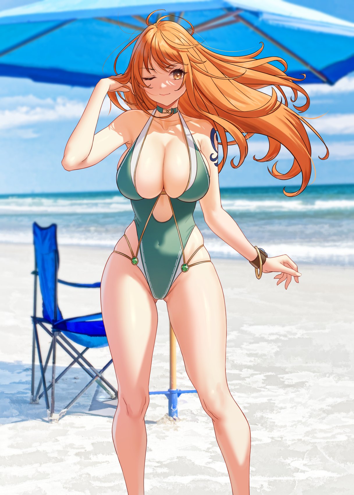 1girls beach big_breasts breasts brown_eyes busty chair choker cleavage curvy female female_only log_pose nami one-piece_swimsuit one_piece orange_hair post-timeskip sand seaside shoulder_tattoo solar_(happymonk) solo swimsuit swimwear tattoo thick_thighs umbrella water