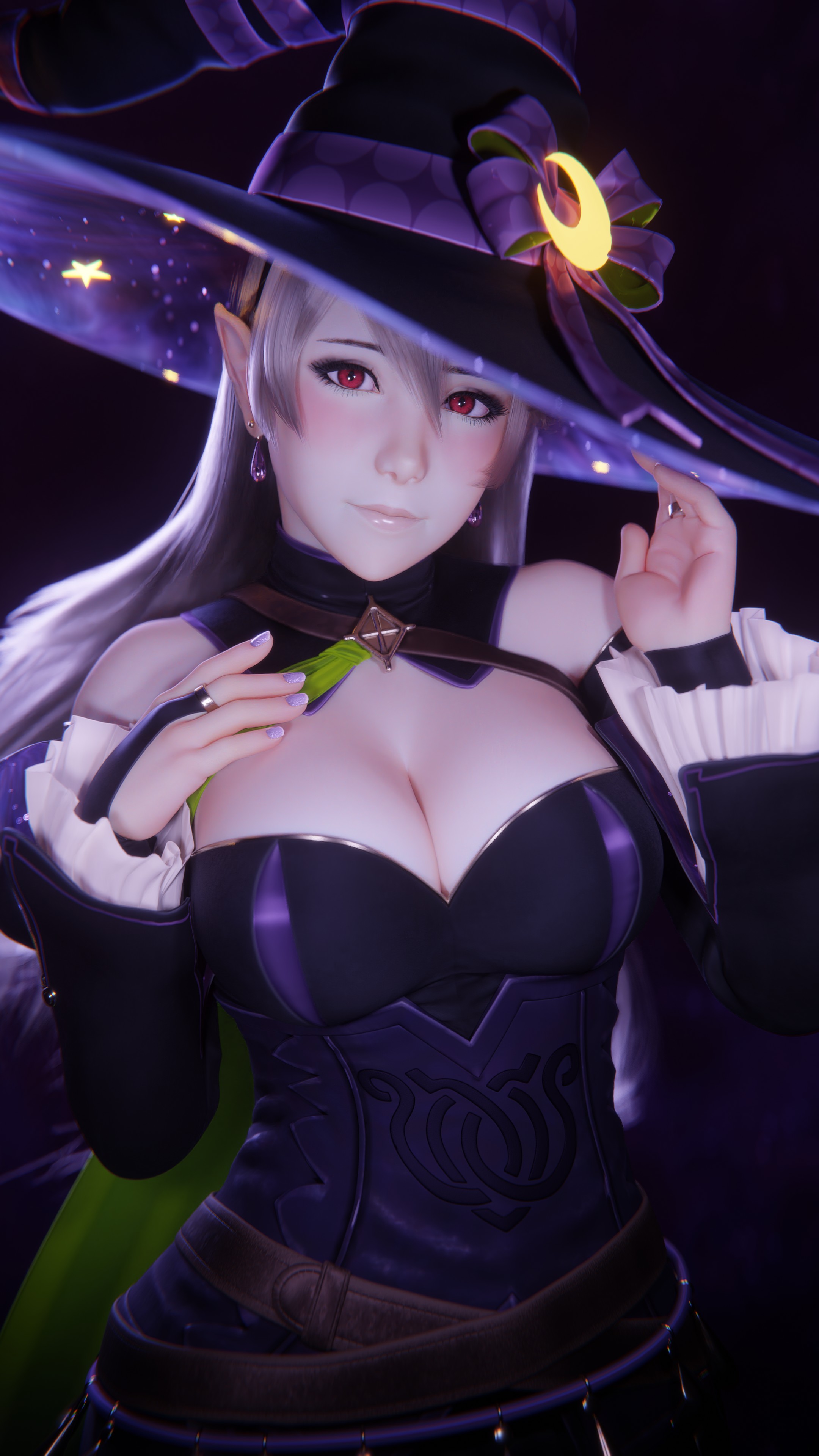 1girls, 3d, 9:16, absurdres, breasts, bridal gauntlets, cleavage, corrin (fire emblem), corrin (fire emblem) (female), dark background, dress, female, female only, fire emblem, fire emblem fates, fire emblem heroes, frilled sleeves, frills, grey hair, halloween, halloween costume, hartman hips, hat, highres, j9006, lipgloss, looking at viewer, nintendo, official alternate costume, pointy ears, realistic, red eyes, solo, witch, witch hat