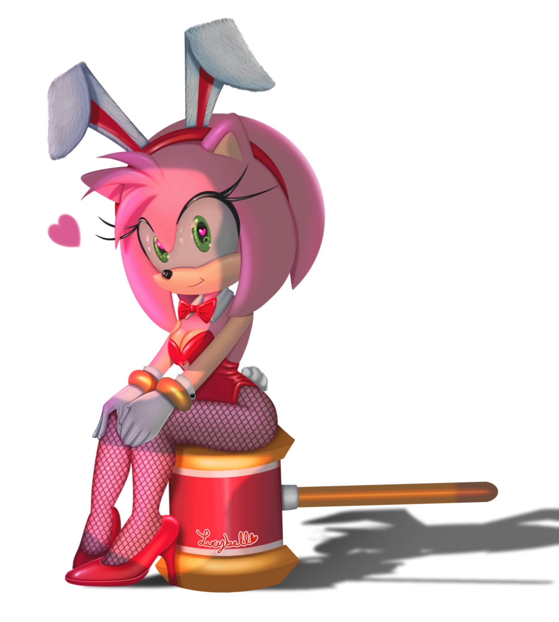 amy rose, bunnysuit, clothing, female, hammer, high heels, lucy bell, lucyfairypink, pink fur, pink hair, sonic (series)