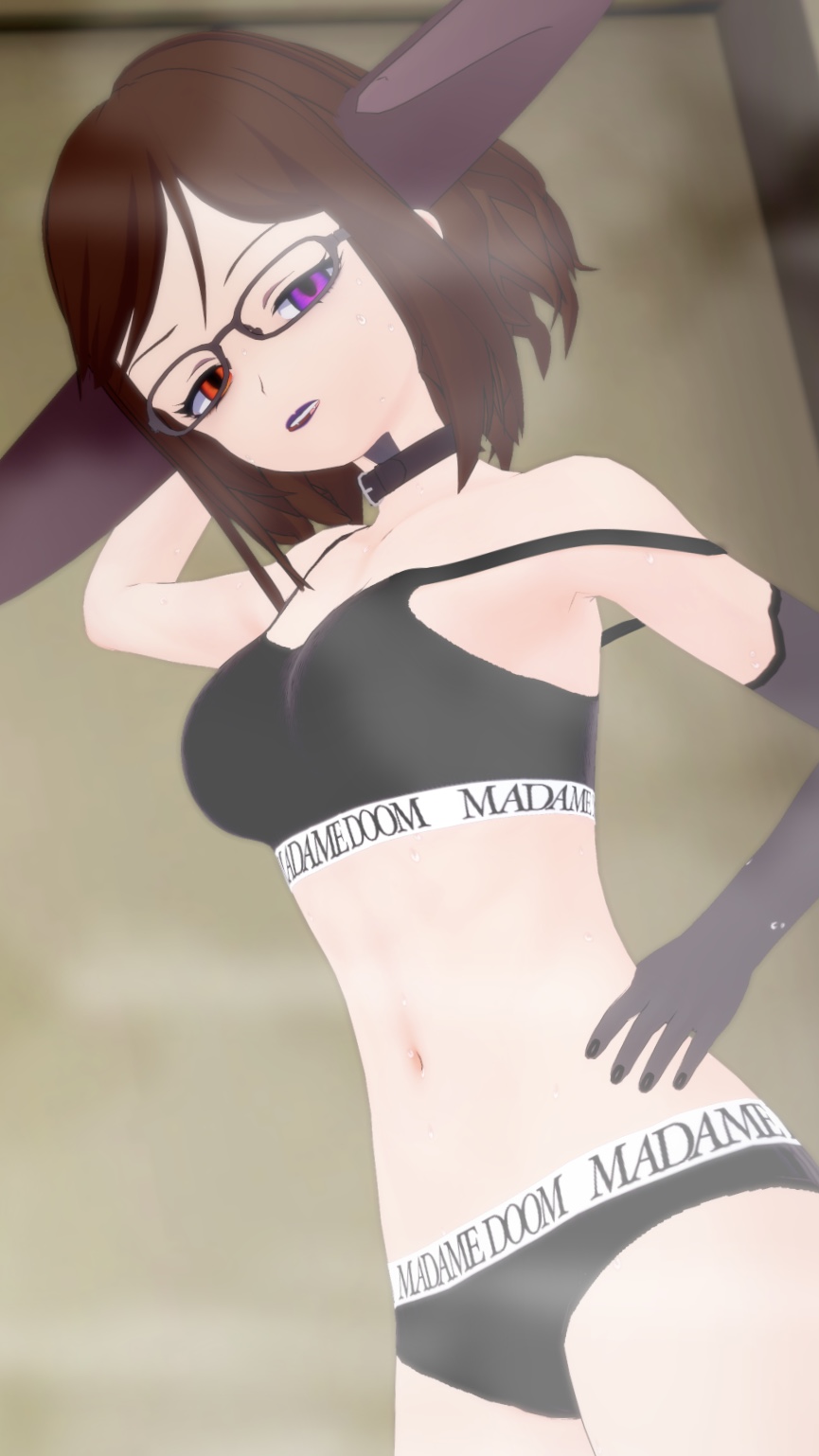 brown_hair brown_hair choker demon demon_girl demon_horns glaring glasses heterosexual madame_doom madame_doom(artist) orange_eyes purple_eyes steam steaming_body underwear