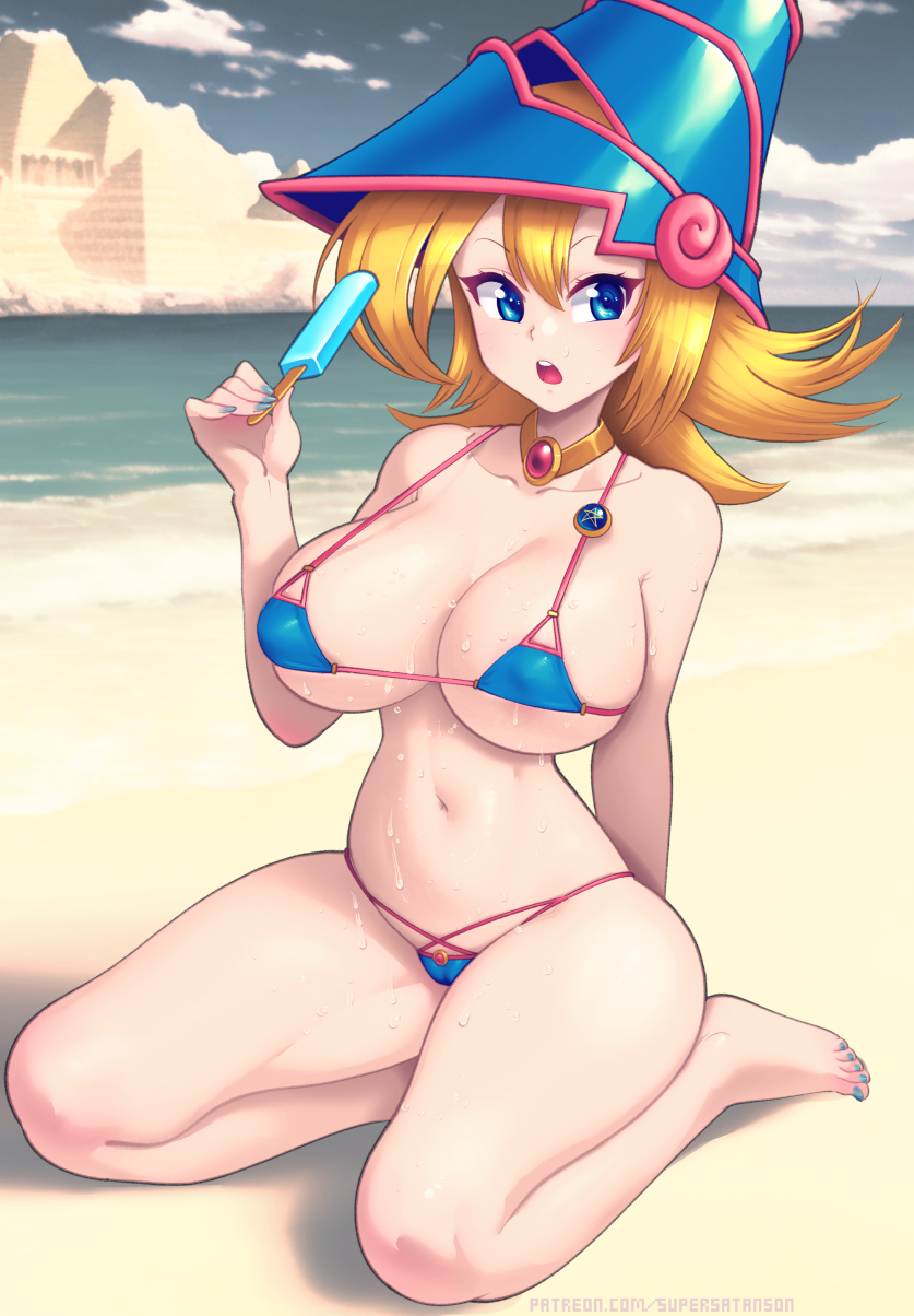 1girls beach beach_background big_breasts bikini bikini_bottom bikini_top blonde blonde_hair blue blue_eyes blue_fingernails blue_nail_polish blue_nails blue_popsicle blue_sky blue_toenails blue_water breasts cleavage clouds dark_magician_girl deep_cleavage egypt feet female gold gold_jewelry hand_holding_object huge_breasts jewelry kneeling large_breasts legs long_hair looking_at_viewer manga micro_bikini mouth_open multicolored_bikini multicolored_hat ocean patreon pink popsicle popsicle_stick pyramid pyramids sand solo solo_female supersatanson teeth toeless_legwear toenail_polish toes tongue underboob water water_drop watermark yu-gi-oh! yu-gi-oh!_duel_monsters yu-gi-oh!_gx yugioh