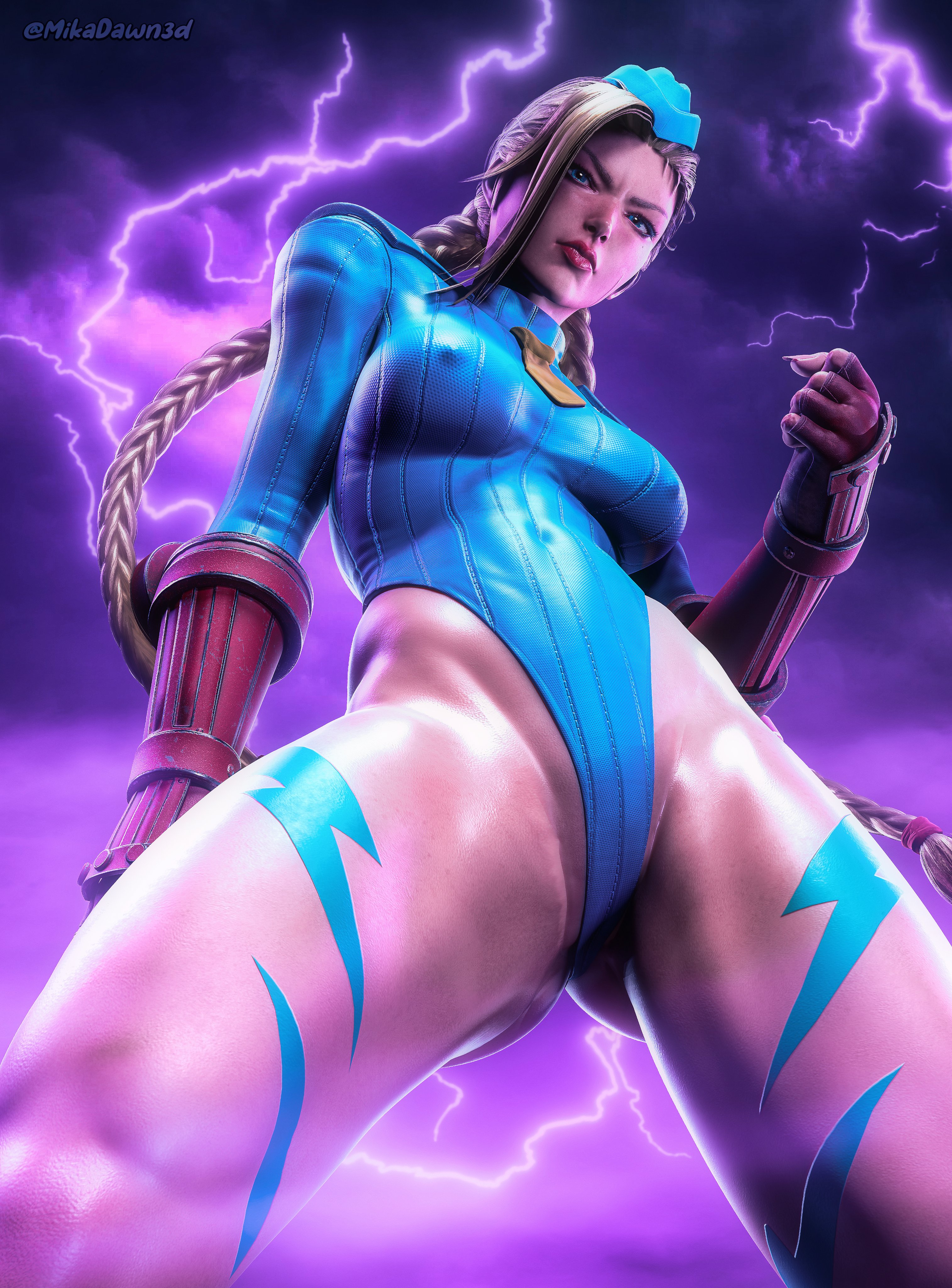 1girls, 3d, blonde hair, cammy white, female, female only, fully clothed, highleg, mikadawn, nipple bulge, nipples, solo, street fighter, sweat, thick thighs, thong leotard