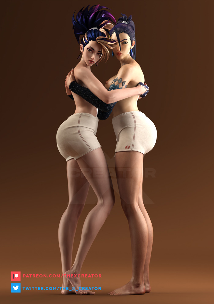 2girls, 3d, akali jhomen tethi, ass, barefoot, big ass, big breasts, big butt, breasts, feet, female, female only, hugging, human, k/da all out akali, k/da all out kai'sa, k/da all out series, kai'sa, large ass, large breasts, league of legends, light skin, light-skinned female, looking at viewer, riot games, the x creator