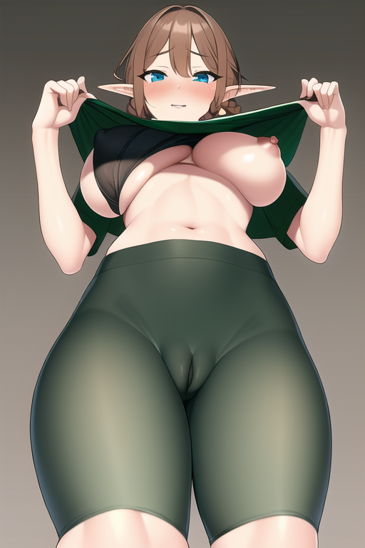 ai generated, bike shorts, breasts, brown hair, cameltoe, elvenseed, female, female only, from below, large breasts, nai diffusion, nipples, original, pussy, shirt lift, stable diffusion, underboob, voluptuous