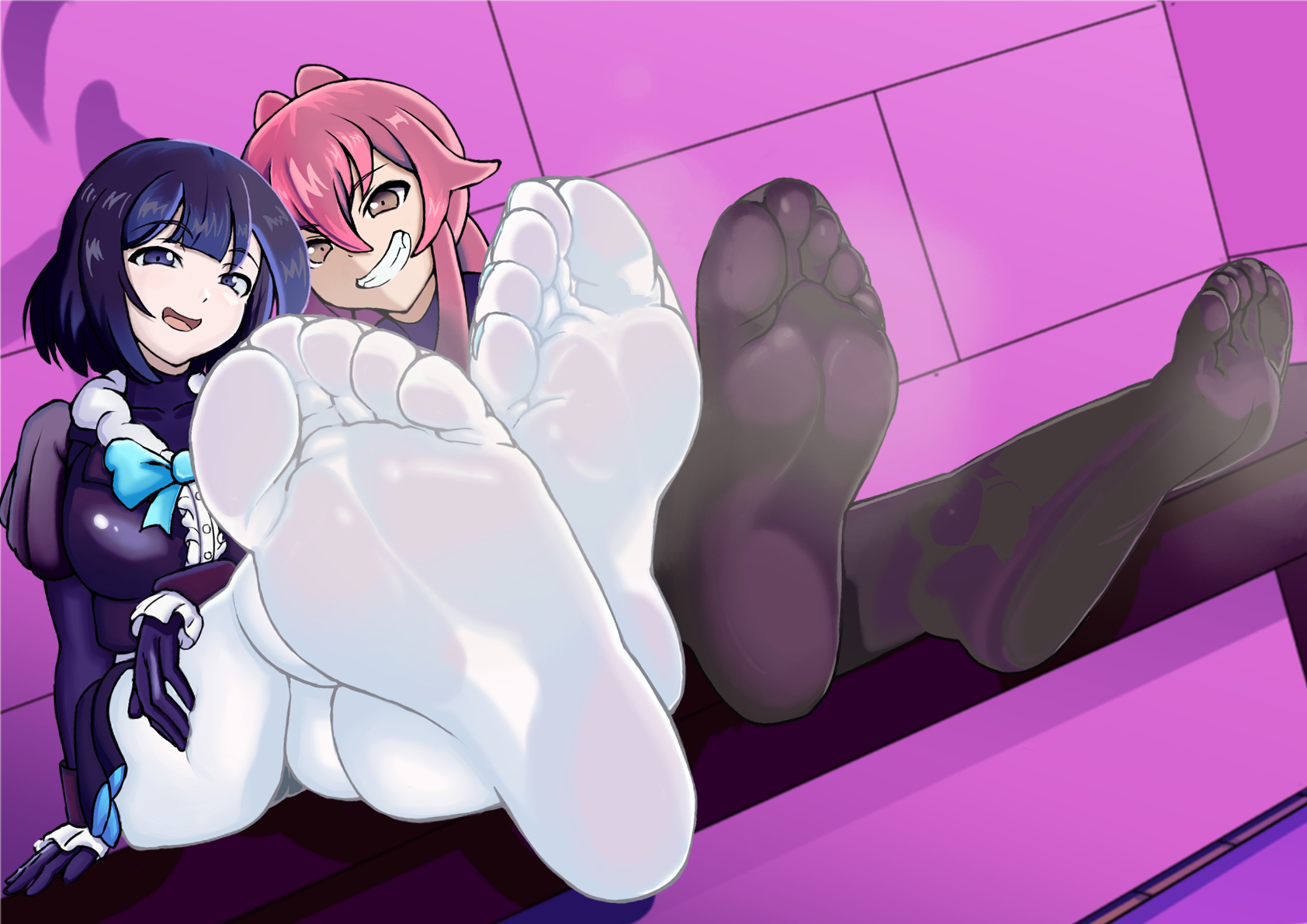 2girls, black legwear, blue eyes, brown eyes, duel monster, feet, female, foot focus, grin, highres, ki-sikil (yu-gi-oh!), lil-la (yu-gi-oh!), long hair, looking at viewer, medium hair, multiple females, multiple girls, open mouth, panties, pantyhose, pantyshot, pink hair, smile, soles, steam, toes, underwear, white legwear, yu-gi-oh!