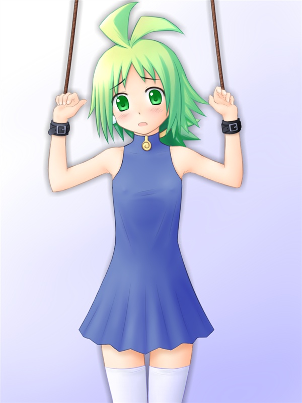 artist_request bad_source blue_dress blush bound bound_wrists breasts dress female gradient gradient_background green_eyes green_hair kneehighs looking_at_viewer marona open_mouth petite phantom_brave restrained short_hair simple_background small_breasts socks solo white_socks worried