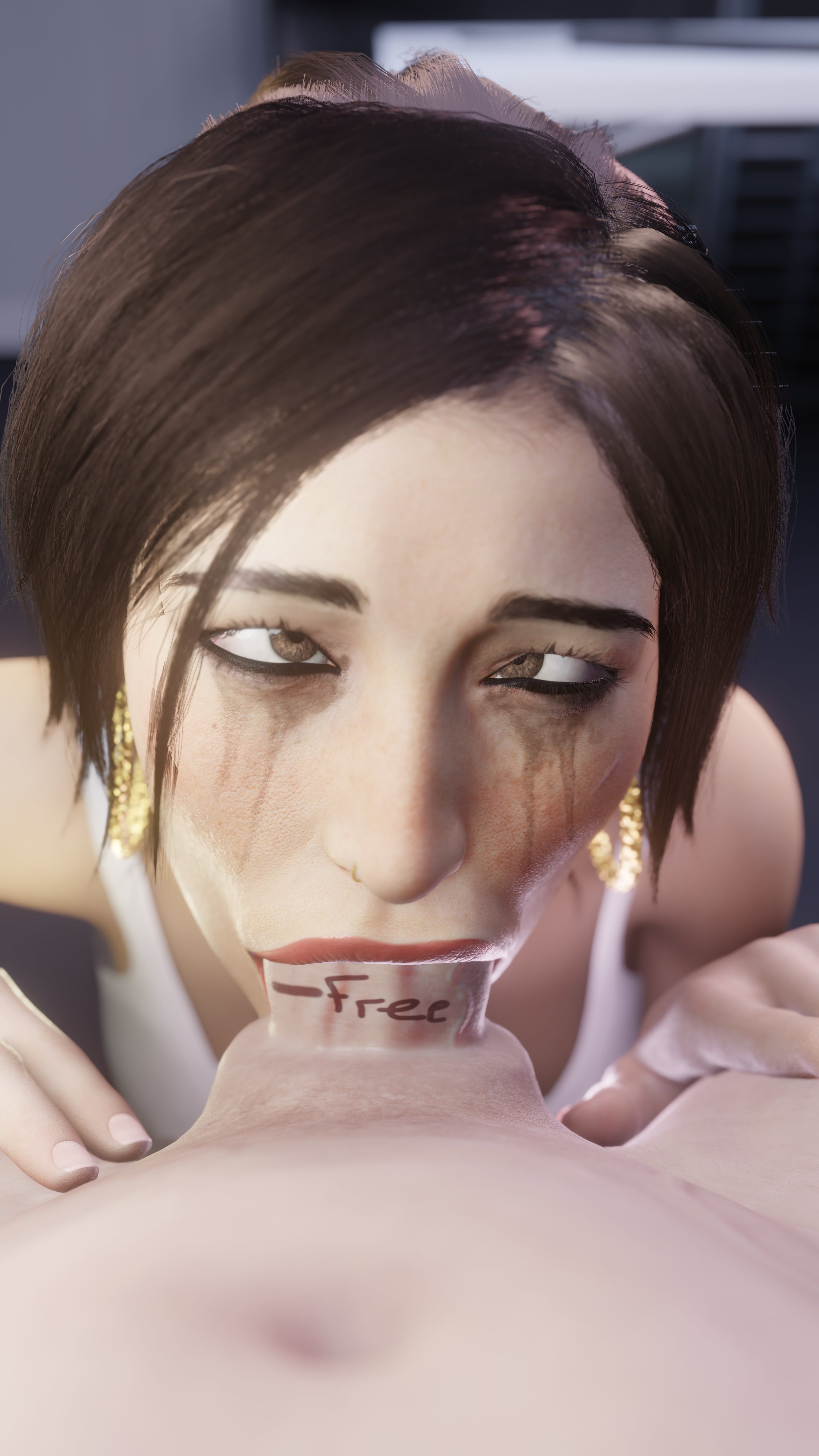 1boy, 1girls, 3d, ahe gao, athletic, athletic female, big penis, blowjob, british, british female, brown eyes, brown hair, brunette, choking, close-up, cock worship, cross-eyed, cum down throat, cum in mouth, cum in throat, deal, deepthroat, deepthroat mark, deepthroat training, dominant male, earrings, embracer group, english text, european, european female, eye contact, eyeliner, fellatio, female, female protagonist, fit, fit female, highres, hoop earrings, huge cock, human, kneeling, lara croft, lara croft (survivor), large penis, light skin, light-skinned female, light-skinned male, male, male penetrating female, mascara, mascara tears, measurements, measuring penetration depth, narrowed eyes, necklace, nose piercing, nose ring, oral, pale skin, pale-skinned female, pale-skinned male, penetration depth mark, penis, penis in mouth, petite, ponytail, pov, pov eye contact, red lipstick, ruined makeup, runny makeup, seductive eyes, seductive look, seductive mouth, slim, square enix, straight, struggling, testing, thick penis, tied hair, tomb raider, tomb raider (survivor), tscd rendering, unseen male face, veiny penis, writing on penis