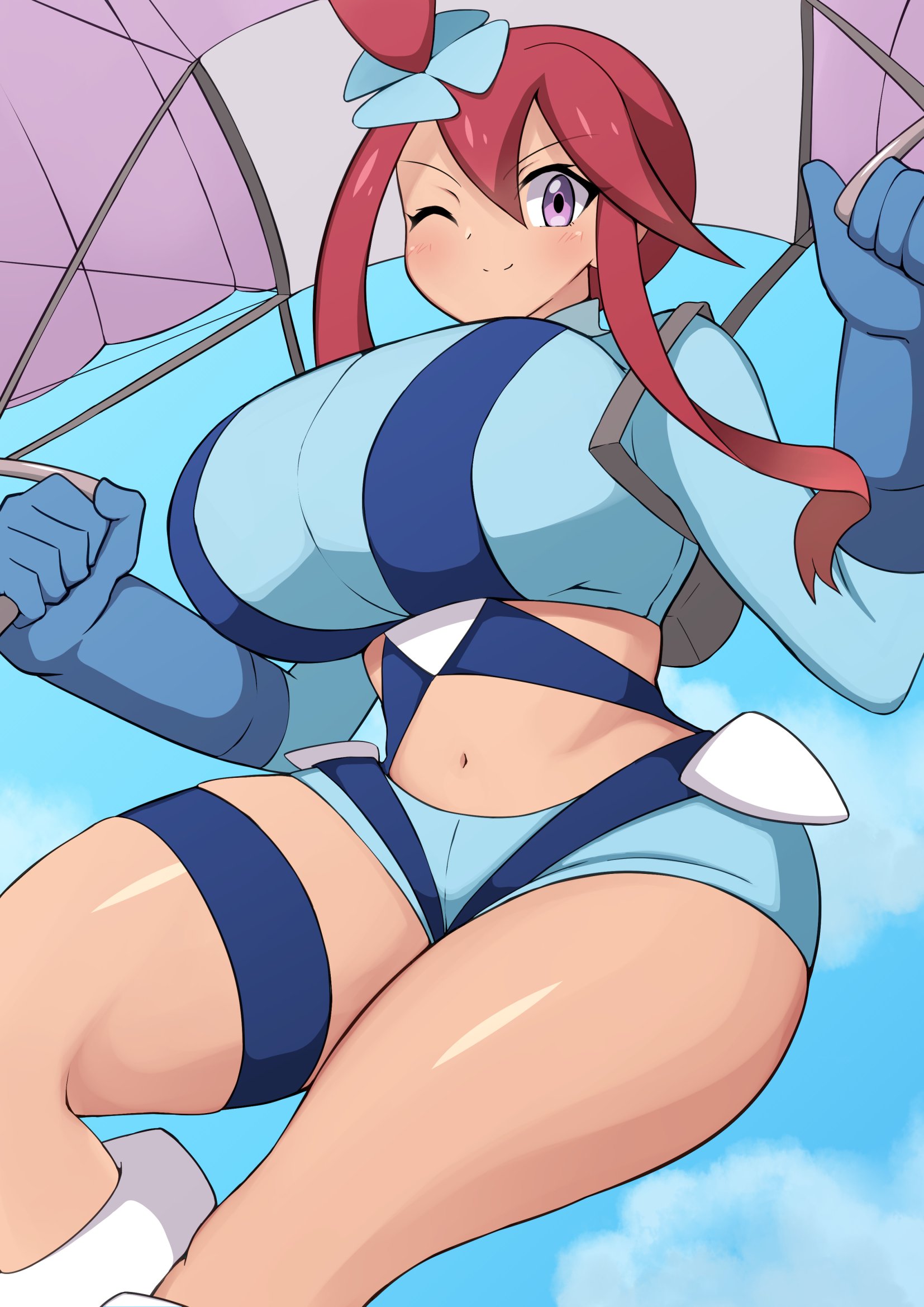 big breasts, blinking, breasts, female, female only, game freak, huge breasts, jaga334, looking at viewer, nintendo, one eye closed, outfit, pokemon, pokemon (game), pokemon bw, purple eyes, red hair, skyla (pokemon), solo, solo focus, white background, wink, winking at viewer