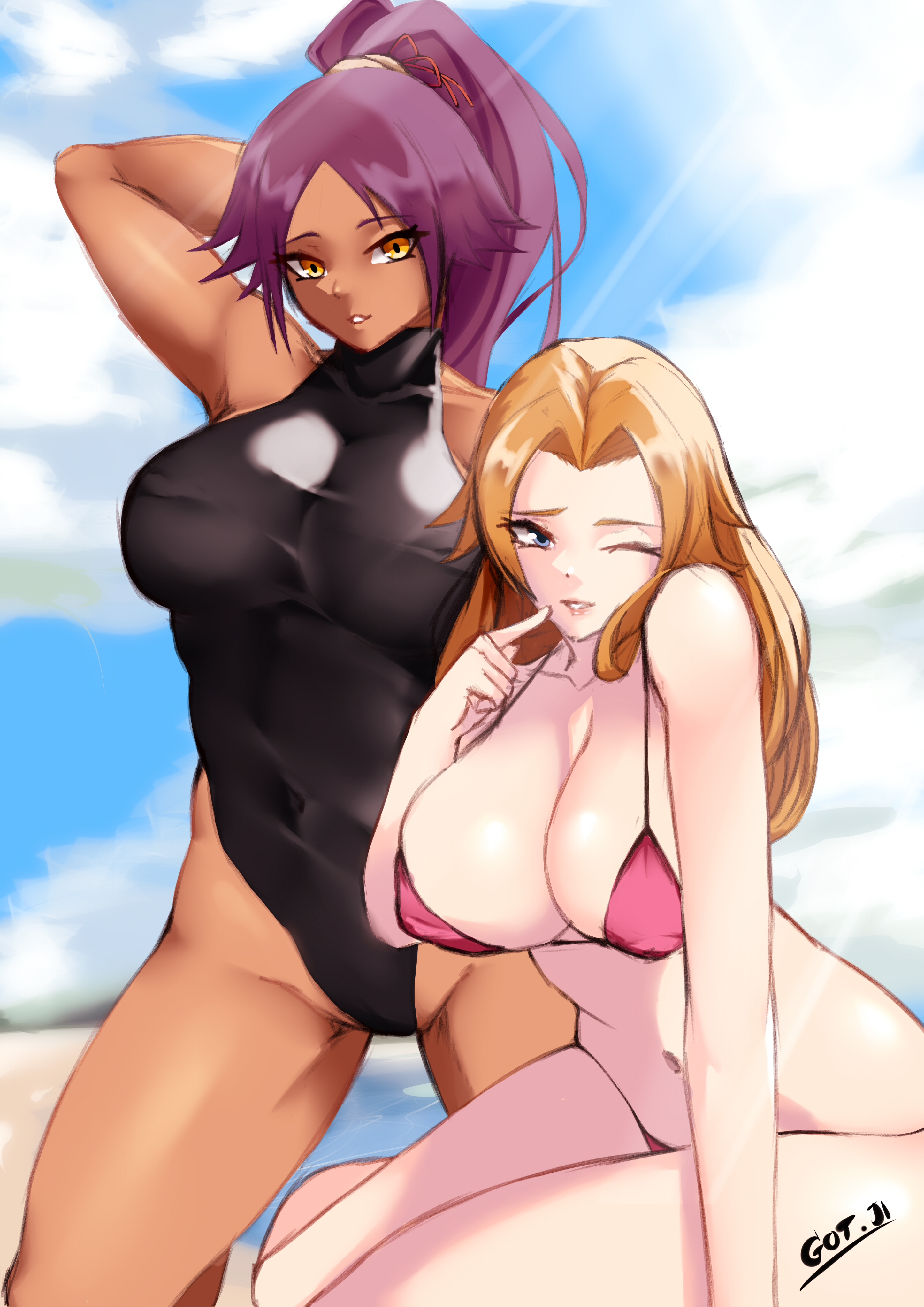 2girls, armpits, big breasts, bikini, bikini top, bleach, blue eyes, breasts, cleavage, female, female only, gojich1, hair, huge breasts, leotard, lips, long hair, matsumoto rangiku, mature, mature female, one eye closed, orange eyes, orange hair, ponytail, purple hair, shihouin yoruichi, swimsuit, swimwear, thighs