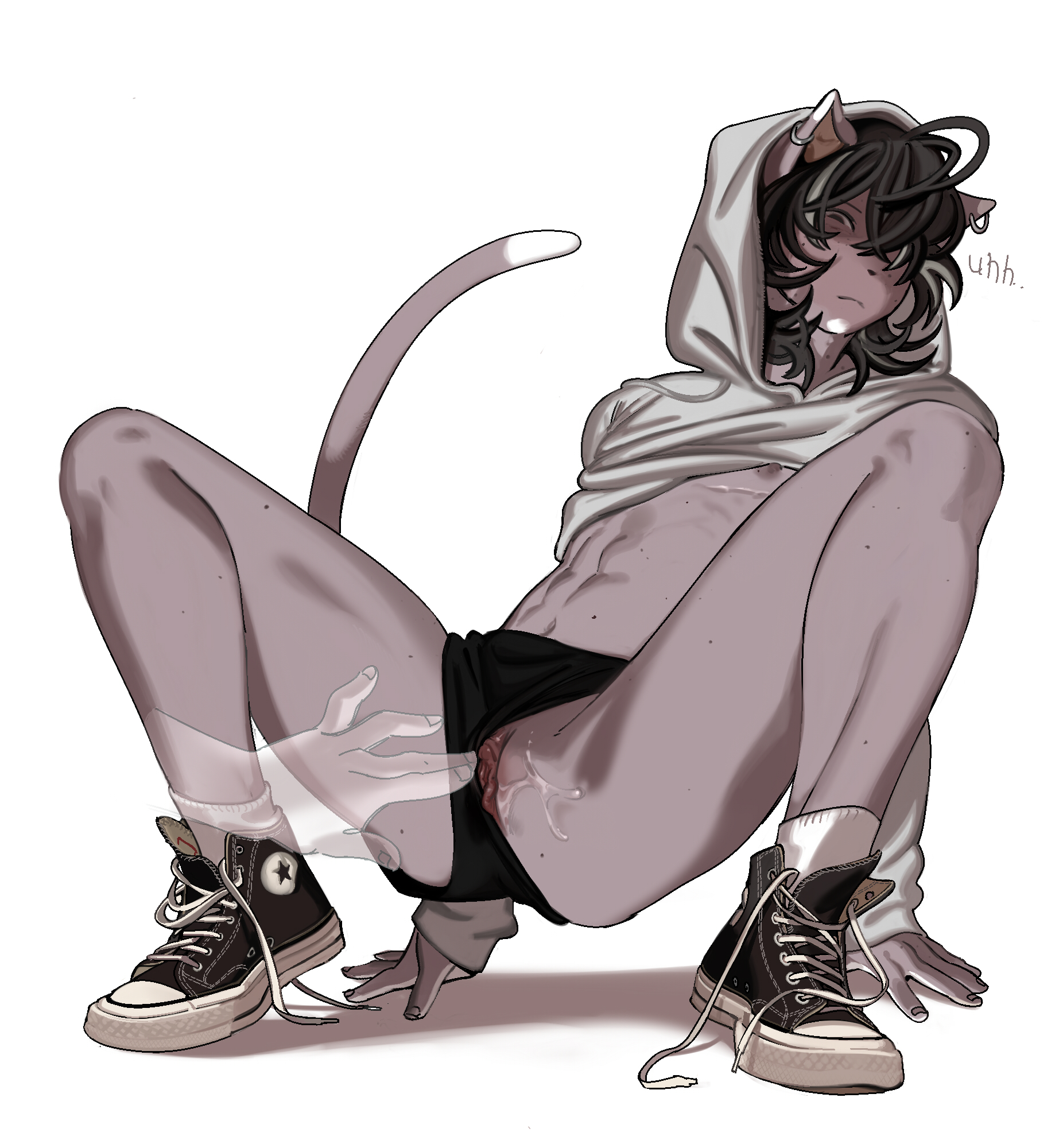 1boy, 1cuntboy, abs, anthro, cat boy, catboy, cuntboy, dead crushed, earrings, furry, ghost, ghost hands, hoodie, intersex, male, mastectomy scar, pussy, sneakers, squatting, tail