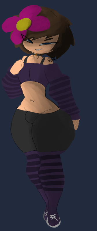 1boy belly_button black_clothing boots brown_hair bulge bulge_through_clothing cdk choker crop_top digital_media_(artwork) fanart femboy feminine_male flower_in_hair full_body fully_clothed futanari hand_on_chest horny_female human_female humanoid jenny_belle_(slipperyt) leg_warmers leggings male_only minecraft purple_clothing rule_63 sleeves solo solo_focus stripes thin_eyes white_laces