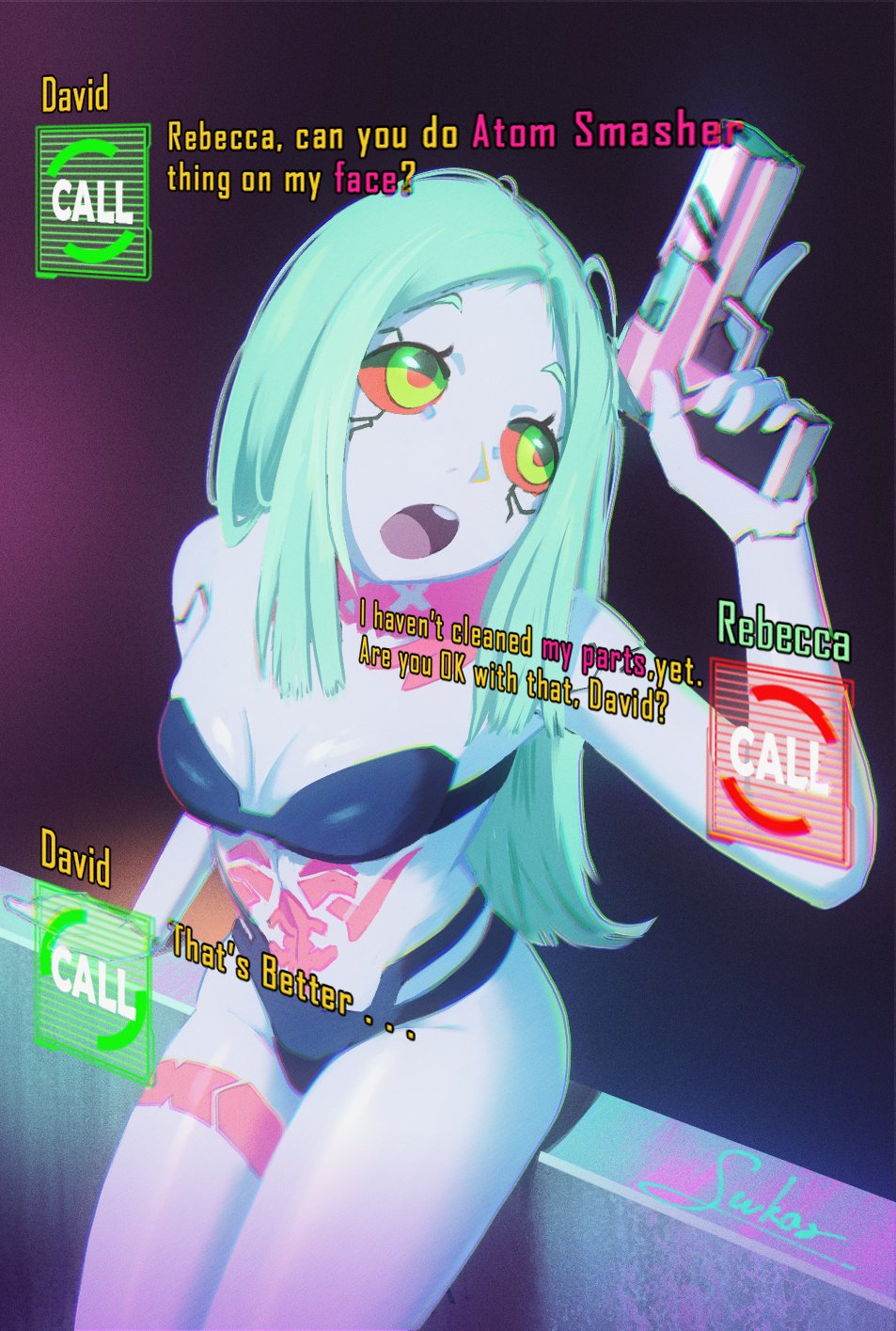1girls, breasts, cd projekt red, clothing, cybernetics, cyberpunk 2077, cyberpunk: edgerunners, david martinez (edgerunners), facesitting invitation, female, female only, firearm, flat chest, flat chested, gun, handgun, human, netflix, pale skin, panties, rebecca (edgerunners), small breasts, studio trigger, sukar (artist), tattoo, underwear, weapon