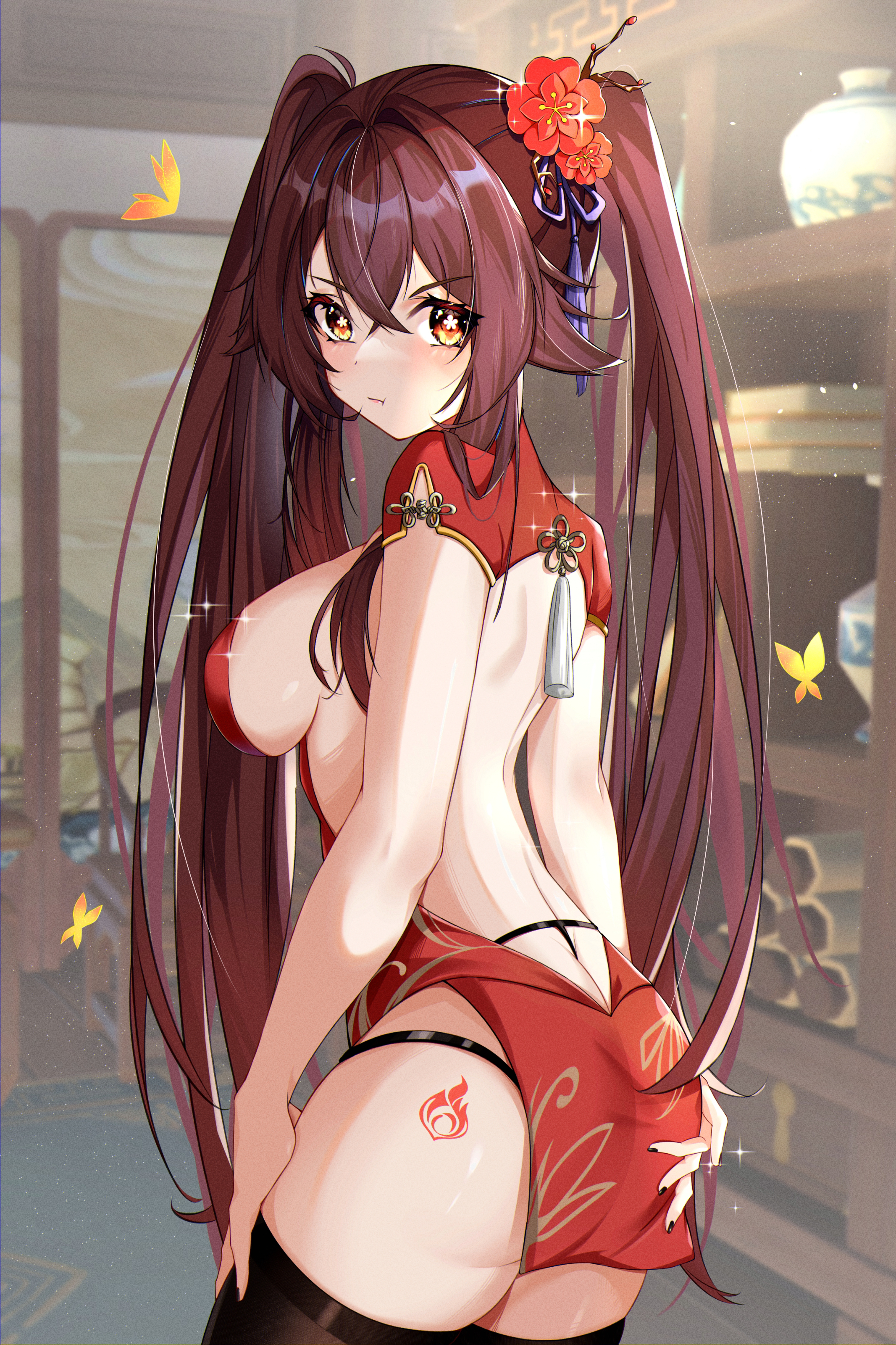 1girls, alternate breast size, artist request, ass, ass tattoo, backless outfit, black panties, breasts, brown eyes, brown hair, china dress, female, genshin impact, hi res, hu tao (genshin impact), large ass, large breasts, light skin, light-skinned female, long hair, panties, thighhighs
