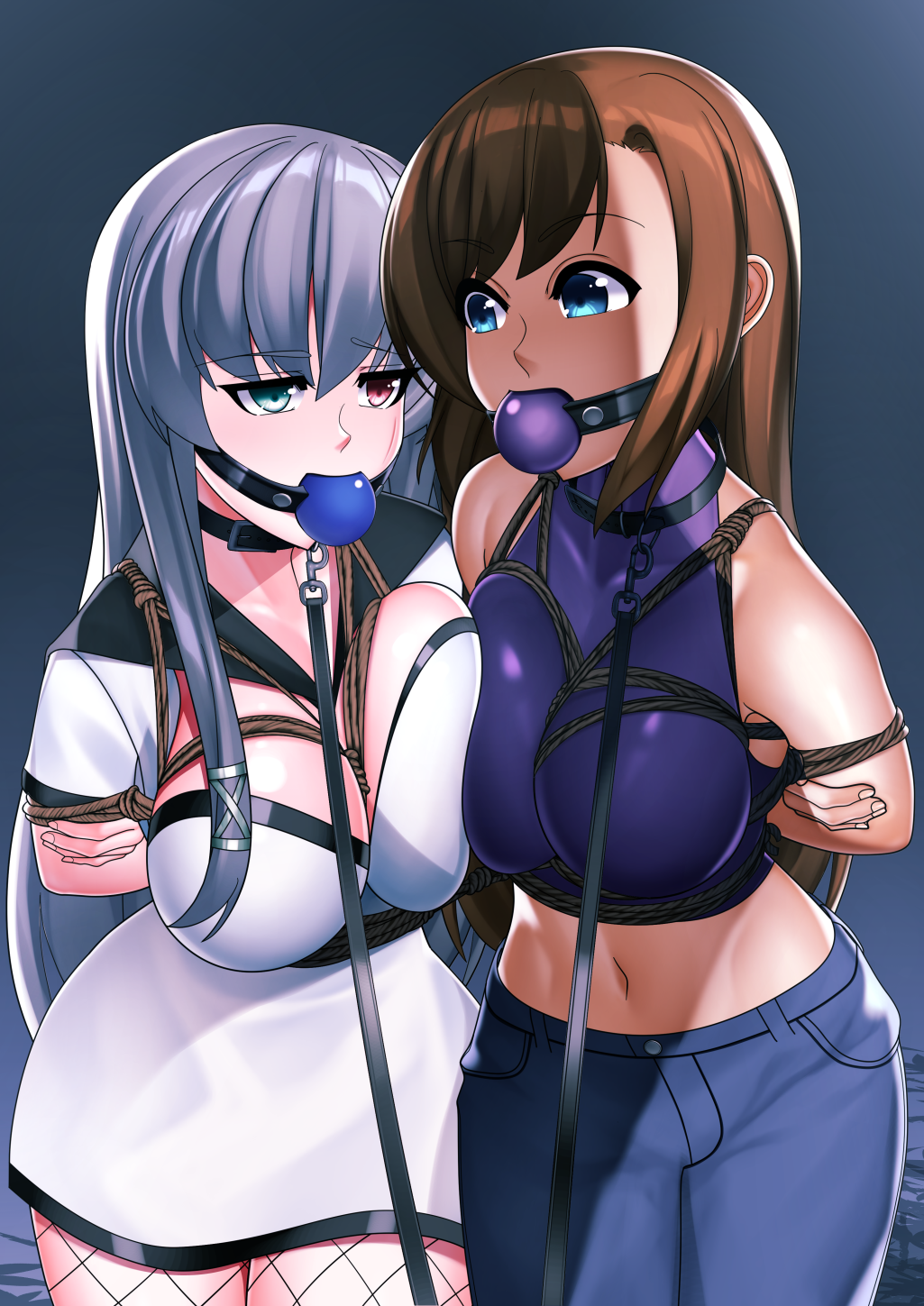 2girls arms_tied_behind_back ball_gag blue_ball_gag blue_eyes bondage breast_press breasts brown_hair collar crop_top different_eye_color dress female female_only fishnet_legwear fishnets gag gagged green_eyes handofmidaz jeans large_breasts leash long_hair midriff multiple_girls navel original purple_ball_gag purple_crop_top red_eyes rope rope_between_breasts rope_bondage white_dress white_hair