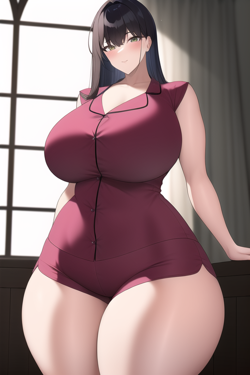 1girls, ai generated, blush, breasts, brown hair, collarbone, curvaceous, female, female only, green eyes, huge breasts, looking at viewer, looking pleasured, nai diffusion, no pants, original, original character, red dress, stable diffusion, thick thighs, thighs, thunder thighs, voluptuous