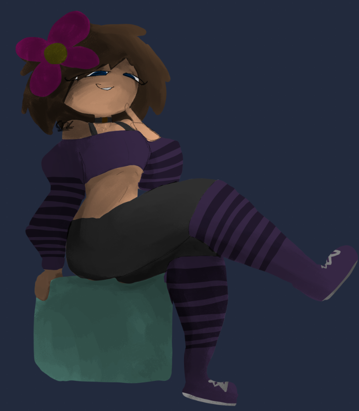 1boy black_clothing boots brown_hair cdk choker crop_top crossed_legs digital_media_(artwork) fanart femboy feminine_male flower_in_hair full_body fully_clothed horny_female human_female humanoid jenny_belle_(slipperyt) leg_warmers leggings male_only minecraft purple_clothing rule_63 sitting sleeves smirk smug solo solo_focus stone stripes thin_eyes white_laces