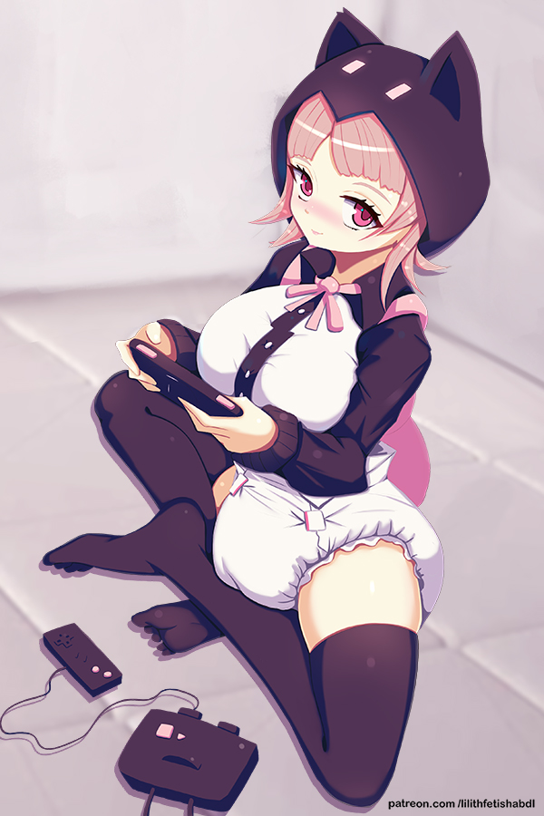 1girls backpack breasts cat_hoodie danganronpa danganronpa_2:_goodbye_despair diaper gaming gaming_console gaming_controller hoodie large_breasts lilith-fetish looking_at_viewer nanami_chiaki neck_ribbon pink_backpack pink_eyes pink_hair playing_videogame short_hair sitting sitting_on_floor straight_hair thighhighs white_diaper