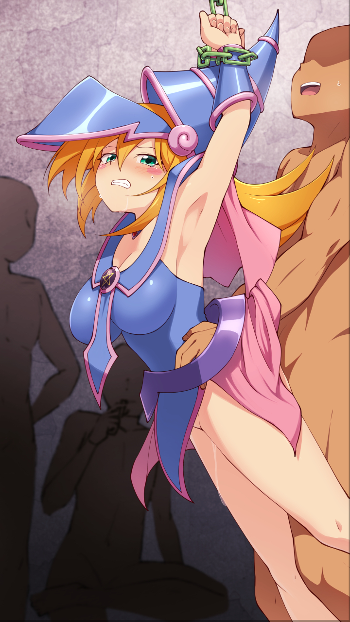 3boys armpits blonde_hair blush_stickers bondage breasts cleavage dark_magician_girl duel_monster female gangbang green_eyes group_sex hat highres large_breasts long_hair mizutenka multiple_boys pentacle rape restrained sex standing standing_sex wizard_hat yu-gi-oh!