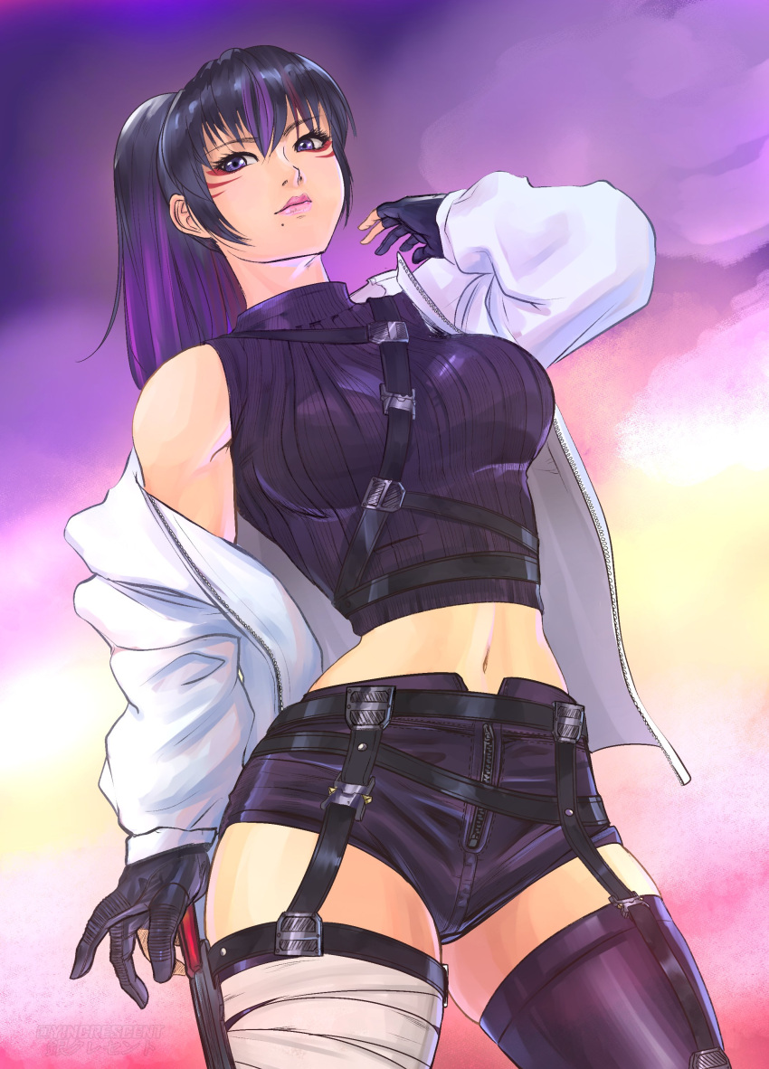 1girls absurdres alluring athletic_female bandaged_leg bandages bangs bare_shoulders big_breasts black_gloves black_hair blurry blurry_background breasts coat cute eyelashes facial_mark female female_abs fingerless_gloves fit_female garter_straps gloves halterneck highres kunimitsu_ii lips miniskirt mole mole_under_mouth multicolored_hair namco pink_lips ponytail pose purple_hair shorts single_garter_strap skirt solo strap tekken tekken_7 thigh-highs thighs two-tone_hair violet_eyes whisker_markings yincrescent zipper