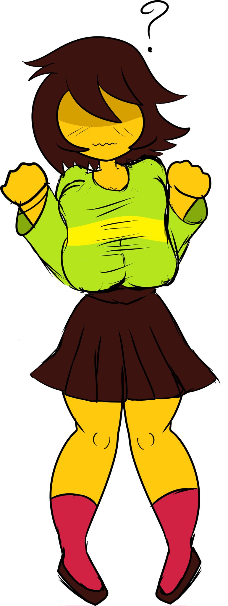 breast_press breasts_bigger_than_head confusion covered_eyes deltarune female_only kris_(deltarune) kris_female_(deltarune) large_breasts thick_thighs vile_eyes yellow_skin