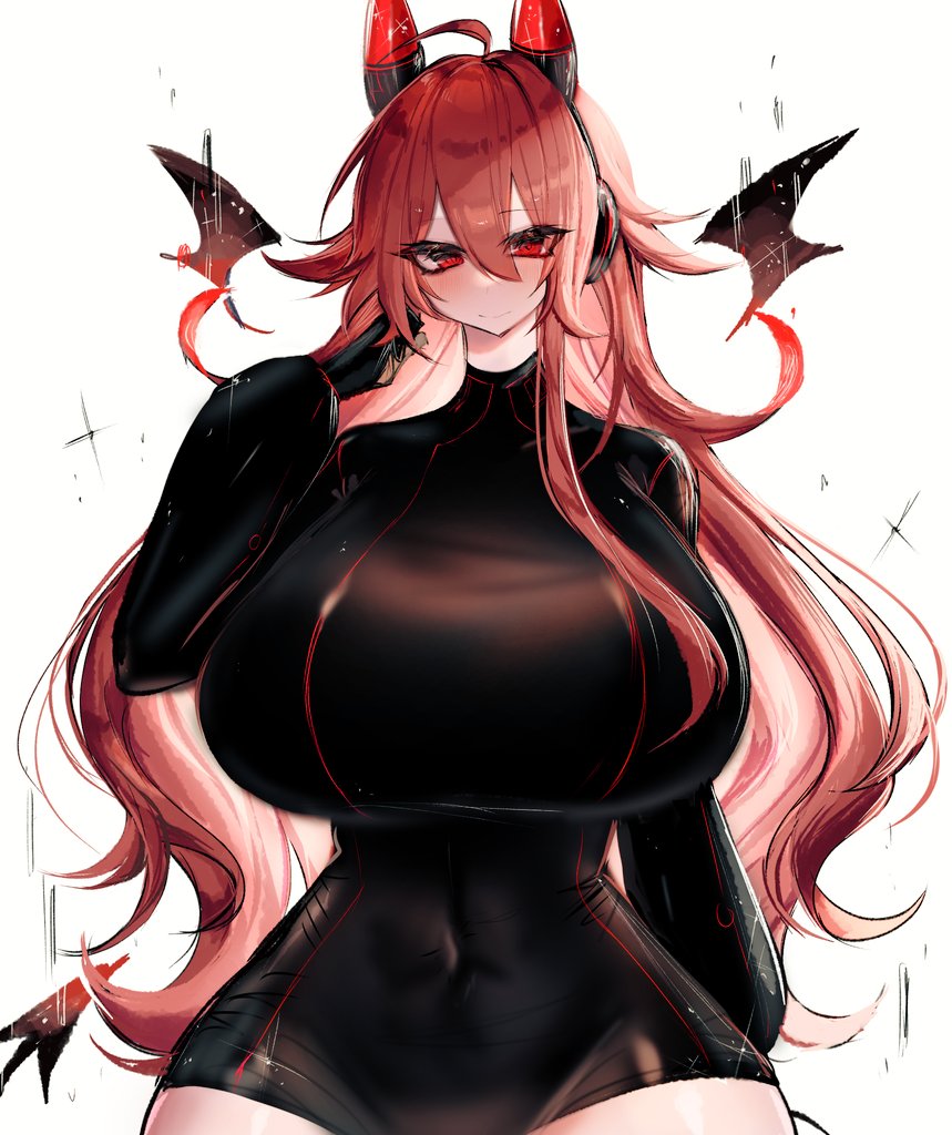 1girls, big breasts, black clothing, breasts, cat ear headphones, curvy, cybernetics, female, friday night funkin, girlfriend (friday night funkin), long hair, red eyes, simple background, solo, thick thighs, usa37107692, wings