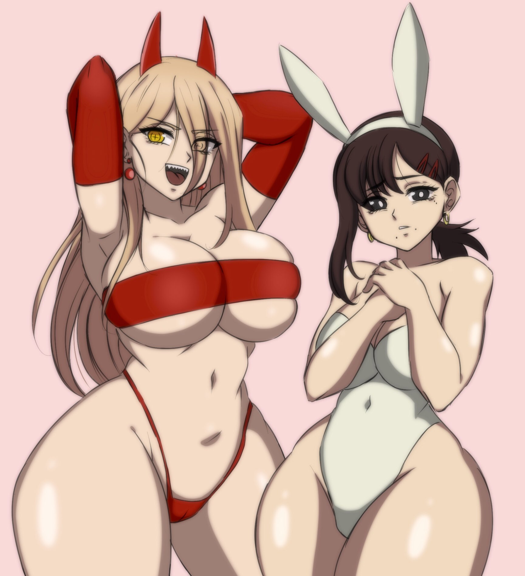2girls, armpits, arms behind head, arms up, armwear, big breasts, blonde hair, blonde-haired female, breasts, brown hair, brown-haired female, bunny ears, bunny girl, bunnysuit, chainsaw man, darwaarts, female, female only, higashiyama kobeni, horns, power (chainsaw man), presenting armpit, presenting armpits, thick thighs, wide hips