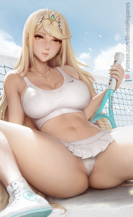 1girls bangs breasts brown_hair converse female holding_object large_breasts light-skinned_female light_skin long_hair meekohopanes miniskirt mythra mythra_(xenoblade) nintendo skirt sports_bra sportswear spread_legs swept_bangs tennis tennis_racket tennis_uniform white_sports_bra xenoblade_(series) xenoblade_chronicles_2