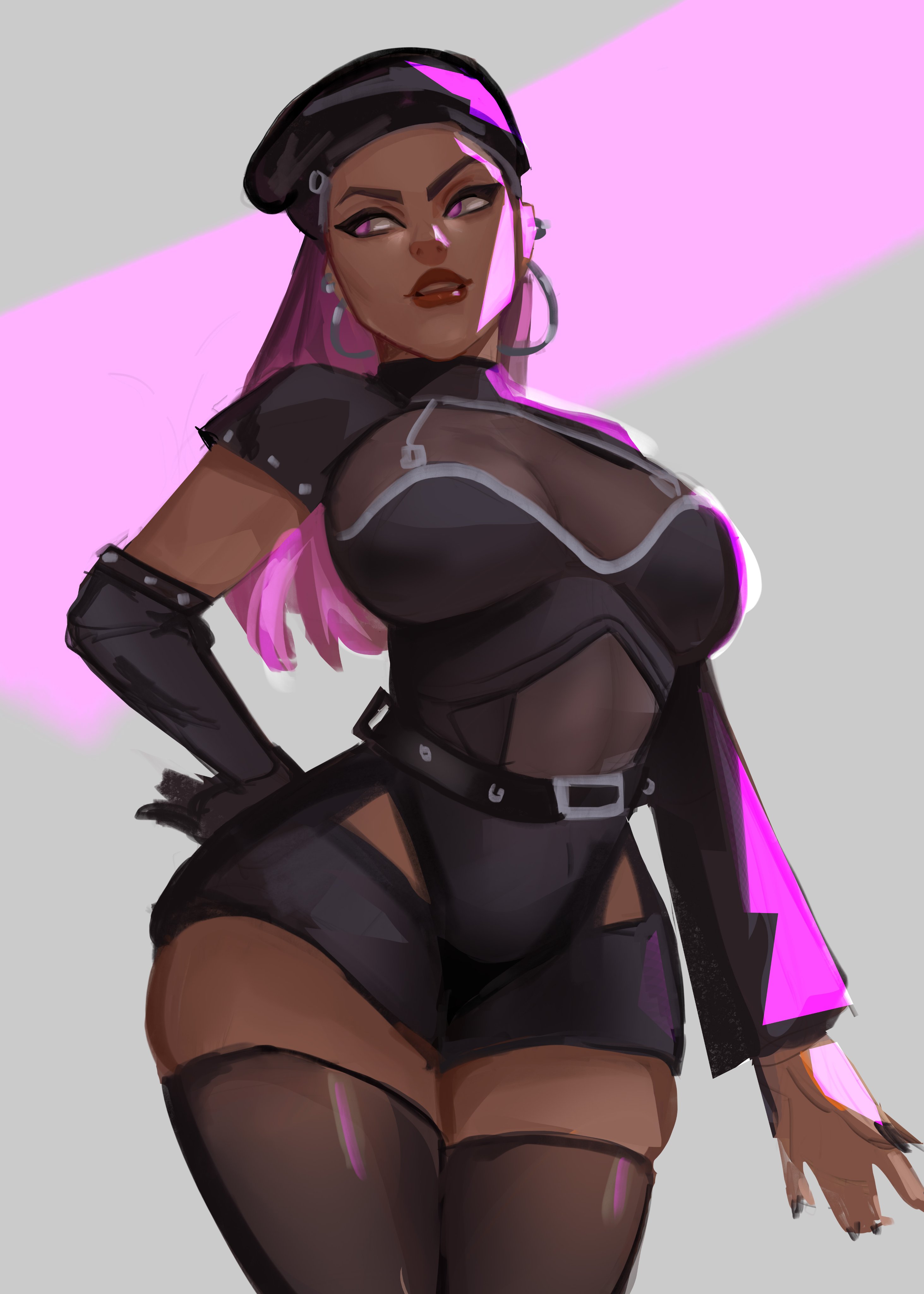 1girls, ass, belt, belt buckle, beret, big ass, big breasts, black clothing, black fingernails, breasts, breasts apart, cleavage, clothed, clothed female, curvaceous, curves, curvy, curvy body, curvy female, curvy figure, curvy hips, dark skin, dark-skinned female, ear piercing, earrings, elbow gloves, eyebrows, eyelashes, female, female focus, female only, glove, hand on ass, hat, hoop earrings, hourglass figure, huge breasts, large breasts, leotard, light skin, light-skinned female, looking away, midriff, open mouth, piercing, piercings, pink eyes, pink hair, red lipstick, reyna (valorant), riot games, see-through, see-through clothing, short hair, skindentation, solo, solo female, solo focus, teeth, thick thighs, thigh highs, thighhighs, toned, toned female, toned stomach, turtleneck, valorant, vile jp, waist belt
