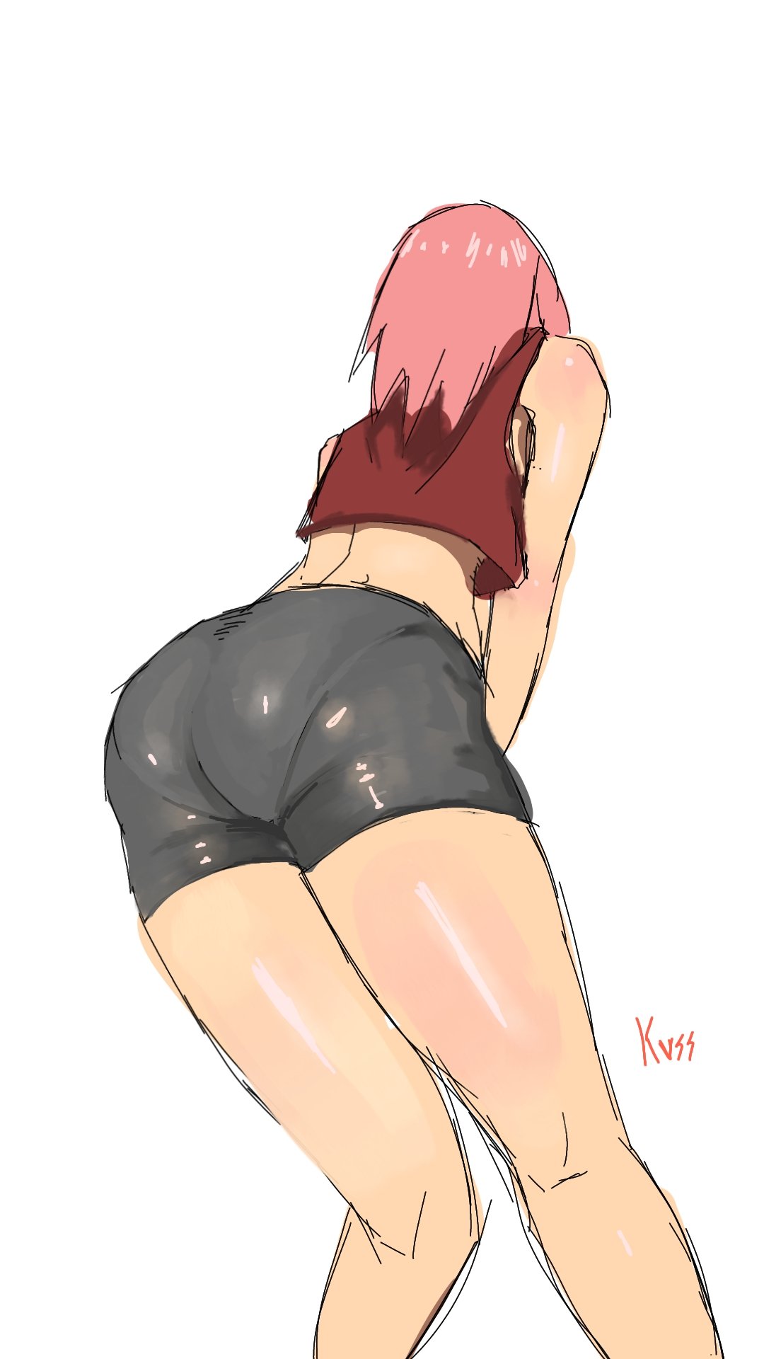 1girls, arched back, ass, ass focus, back view, bare shoulders, bent over, big ass, big butt, bike shorts, booty shorts, bubble ass, bubble butt, clothed, clothing, crop top, female, female focus, female only, kvss, large ass, legs, medium hair, minishorts, naruto, naruto (series), naruto shippuden, panties, pantylines, pink hair, pinup, pose, posing, presenting ass, sakura haruno, shorts, shoulder length hair, shounen jump, sleeveless, sleeveless shirt, solo, solo female, solo focus, standing, thighs