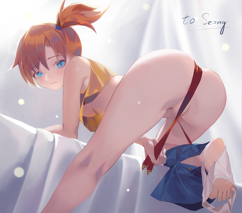 1girls armpits ass asymmetrical_hair bangs bed bedroom blue_eyes blush breasts clothing female female_only game_freak gen_1_pokemon kasumi_(pokemon) legs looking_at_viewer navel nekobell nintendo orange_hair pants pantsu pokemon pokemon_(anime) pokemon_(classic_anime) pokemon_(game) pokemon_rgby ponytail presenting_ass shirt side_ponytail solo tank_top thighs tied_hair underwear vagina yellow_shirt yellow_tank_top