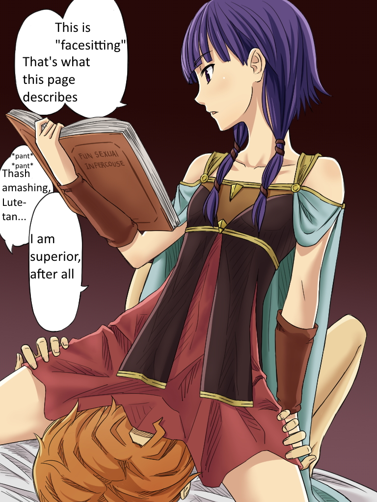 1boy 1girls artur_(fire_emblem) bare_shoulders book cowgirl_position cunnilingus dress emotionless_sex english_text female fire_emblem fire_emblem:_the_sacred_stones flat_chest hard_translated low_twintails lute_(fire_emblem) na_lu naaru nalu_(artist) nintendo open_book oral orange_hair purple_dress purple_eyes purple_hair ranguage reading short_hair sitting sitting_on_face sitting_on_person spread_legs straddling straight text third-party_edit translated twintails