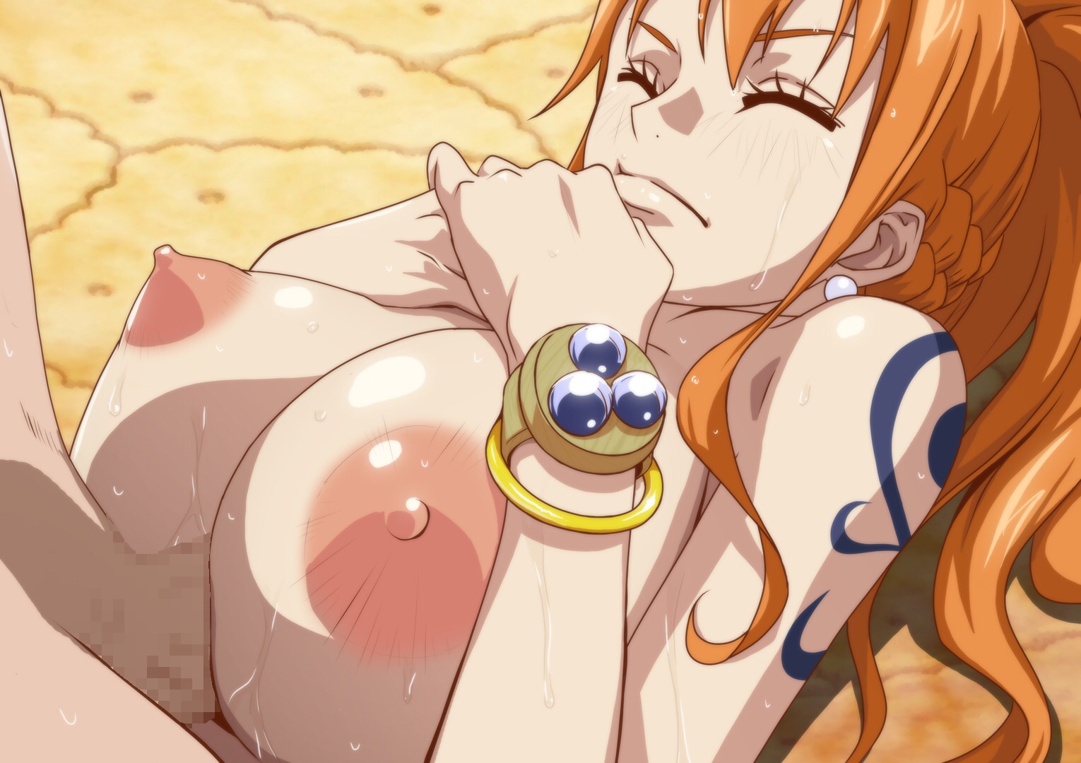 1boy, 1girls, arm tattoo, blue tattoo, breasts, censored, female, kyabakurabakufu, male, nami (one piece), nude, one piece, orange hair, orange-haired female, paizuri, penis, penis between breasts, post-timeskip, straight, tattoo, titjob, whole cake island