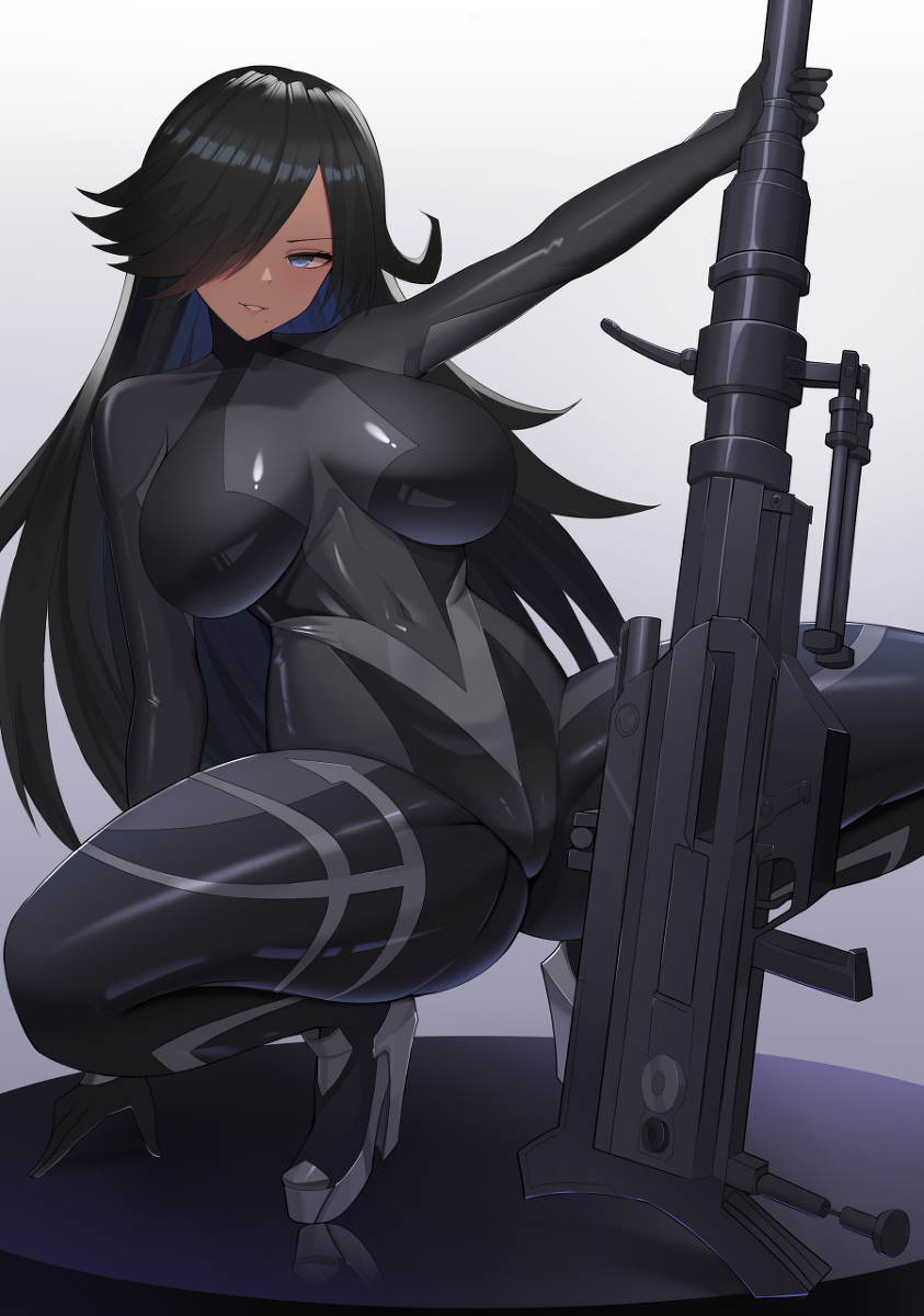 1girls black_hair blue_eye bodysuit dark-skinned_female dark_skin female female_only gun hair_over_one_eye original sniper_rifle solo tatakau_ataisuru tight_clothing ultra_(511455329) weapon zara_moussa