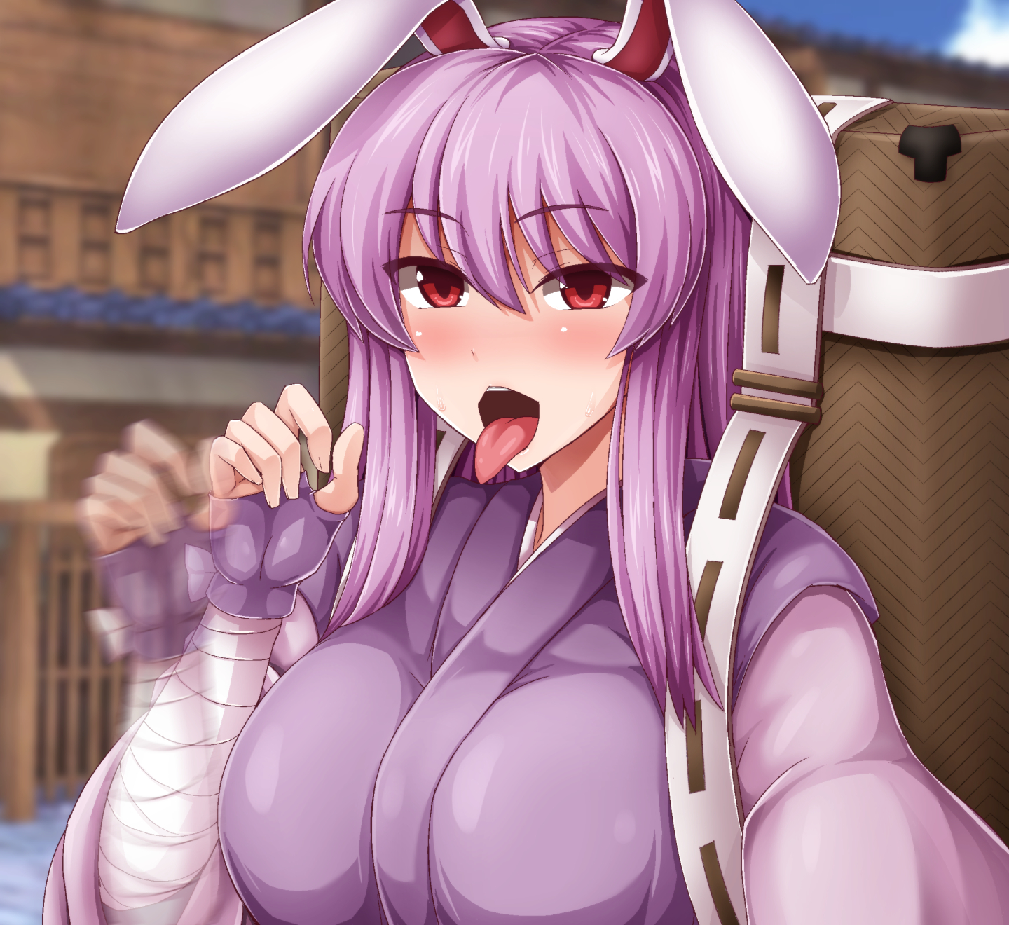 1girls, bimbo, blush, breasts, bunny ears, clothing, fellatio gesture, female, fingerless gloves, gloves, huge breasts, kimono, large breasts, light skin, light-skinned female, long hair, monaka (gatinemiku), purple hair, red eyes, reisen udongein inaba, tongue, tongue out, touhou