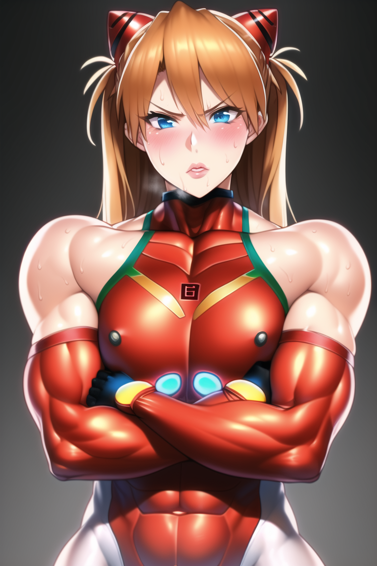 abs, ai generated, ambush (trap), annoyed, asuka langley sohryu, bare shoulders, blue eyes, blush, female, femboy, male, muscles, muscular, muscular male, nai diffusion, neon genesis evangelion, orange hair, plugsuit, solo, stable diffusion, sweat, toned, trap