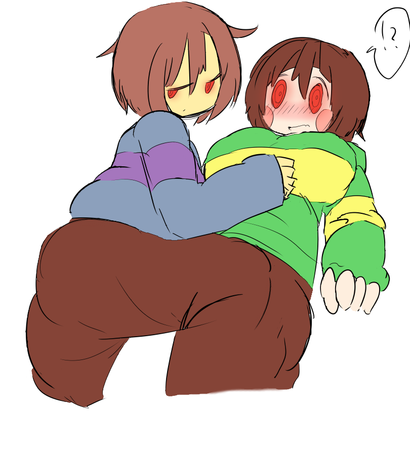 !? 2d 2girls ass blush brown_hair busty chara color colored cute edit female female_only frisk half-closed_eyes large_breasts petronoise red_eyes sketch toby_fox undertale undertale_(series)