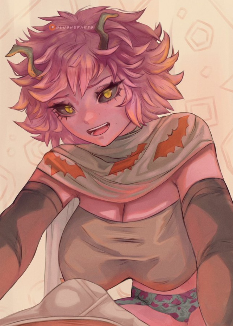 1boy, 1girls, alternate version available, bulge through clothing, female, looking at viewer, mina ashido, my hero academia, open mouth, pink hair, pink skin, pink-haired female, tagme